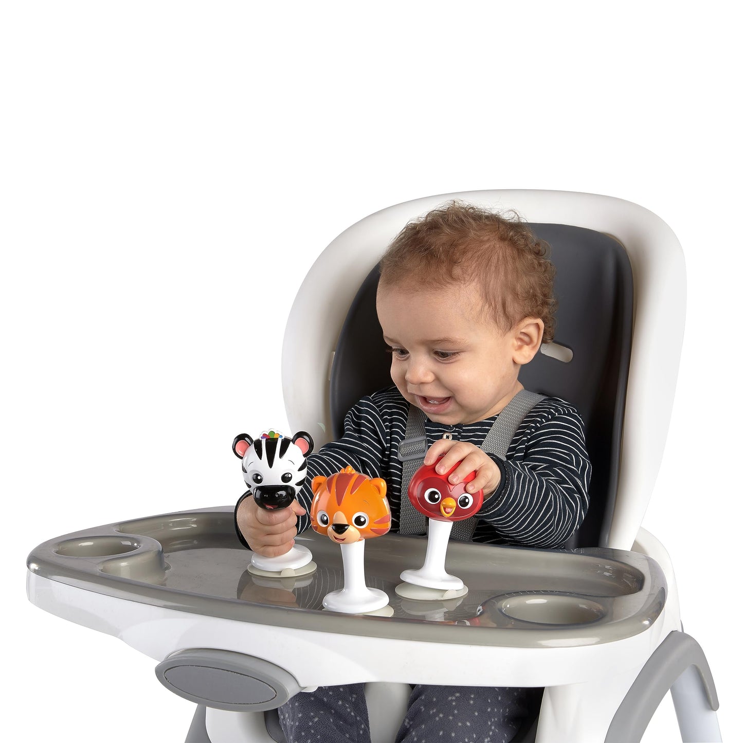 Baby Einstein Rattle & Jingle Trio High Chair Suction Toys Take-Along Musical Rattle Set Age 6 Months +, Multicolor, 3 Count