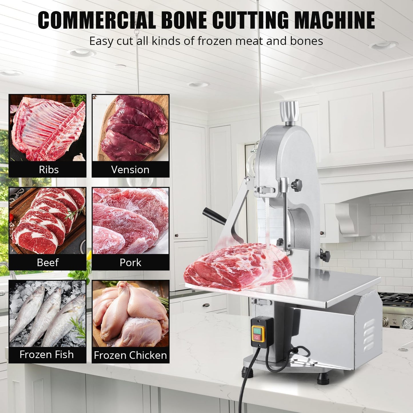 1100W Electric Bone Saw Machine, 0.16-7.09 Inch Cutting Thickness, Frozen Meat Cutter With 5 Saw Blades, 19.3"x15" Table Sawing for Chicken Fish Trotter Beef