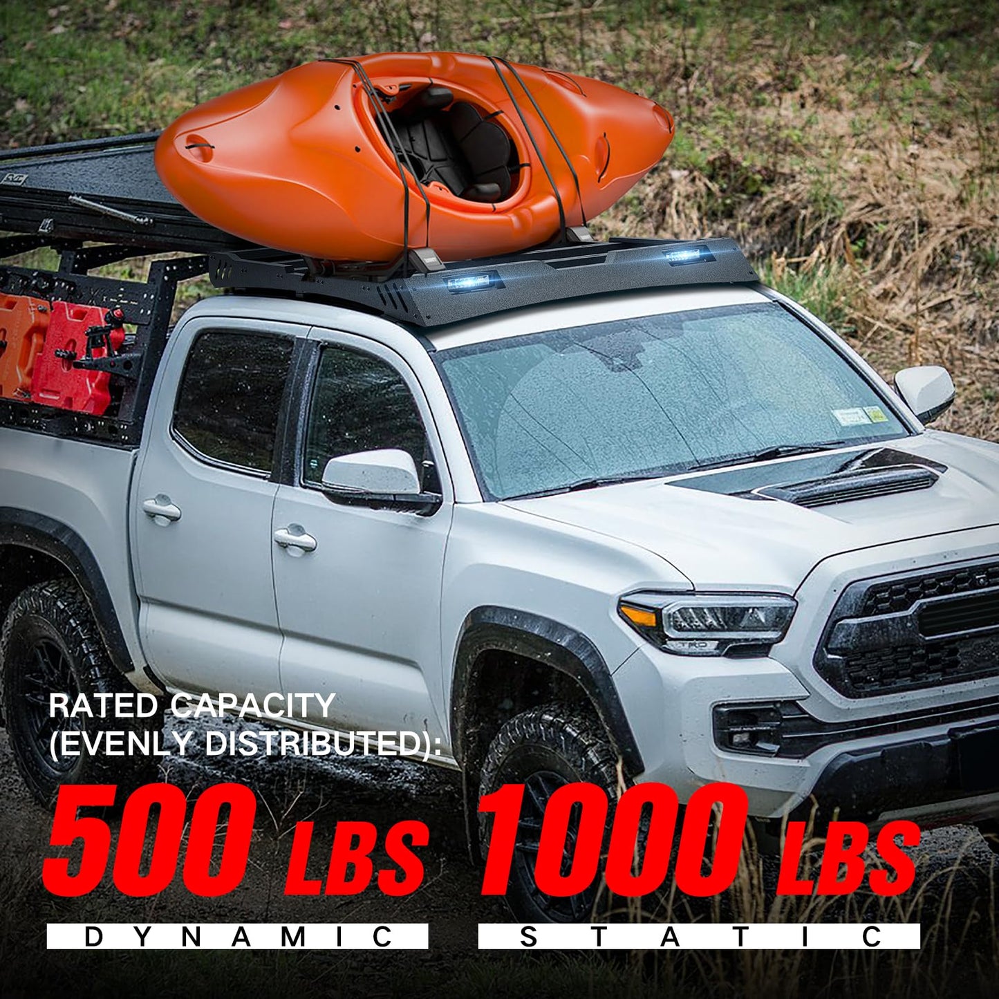 YZONA Roof Rack Cargo Basket with LED Light Bar fits 2005-2023 Tacoma Double Cab/Crew Cab (4 Full Size Doors), Off-Road Truck Cargo Carrier Rooftop Luggage Storage Holder