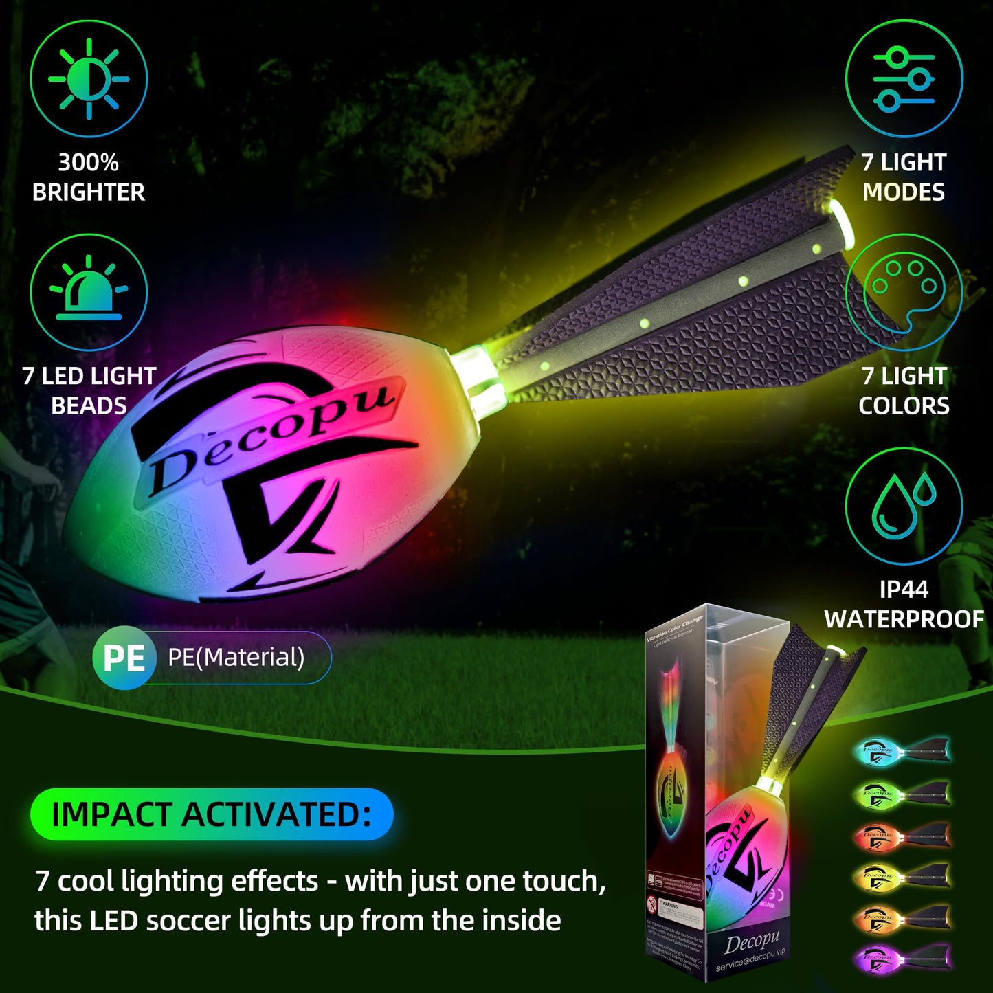 KASTUMBGA Rechargeable Glow in The Dark Light Up Football-7RGB Color Changing LED, Impact-Responsive, Durable Foam (No Pump), Perfect for Beach/Park/Backyard, Birthday Gift for Boys 6-15 Years Old