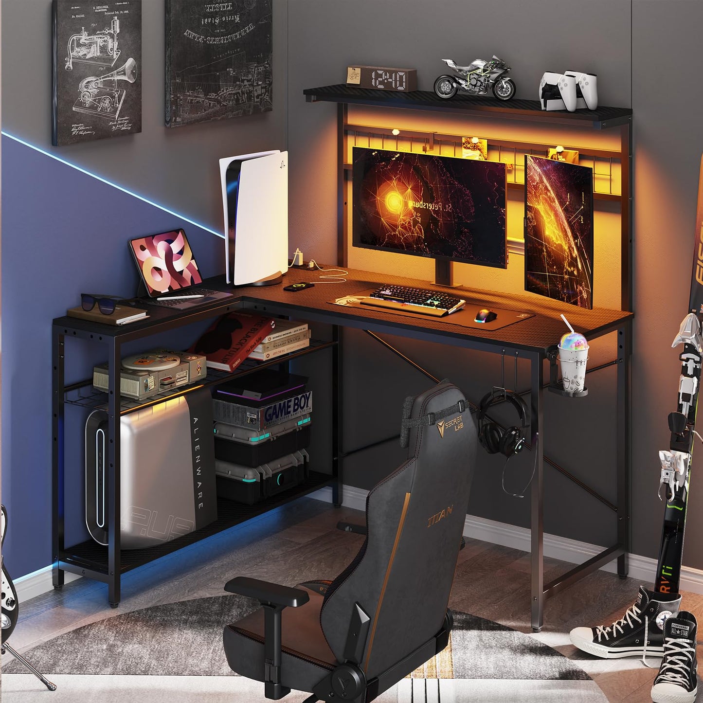Bestier Gaming Desk 51" L-Shaped, with Power Outlets & LED Lights- 4 Tier Shelves, Reversible Gamer Table with Hooks & Cup Holder for Home Office Carbon Fiber Black