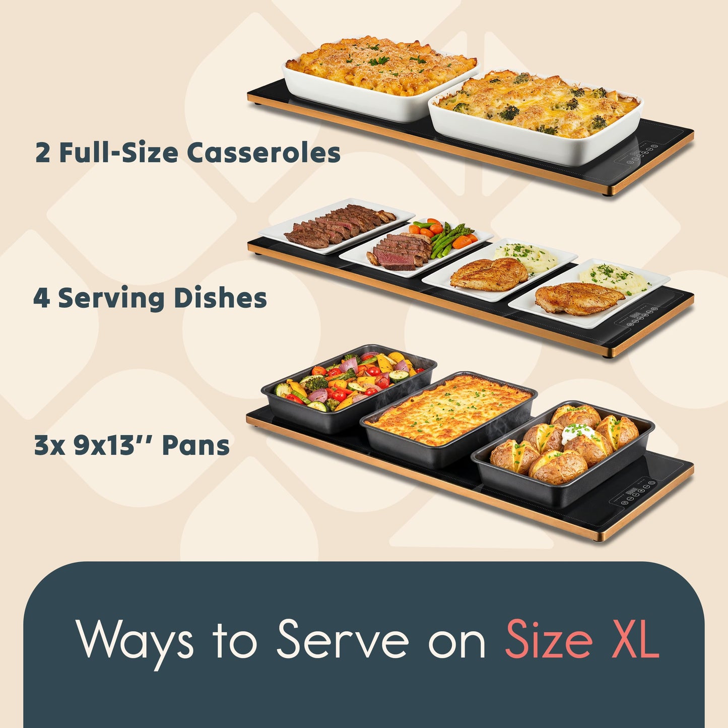 Culvani Electric Warming Tray for Food | 39"x14" XL Thermaplate Electric Food Warmer for Kitchen & Buffet | 1" Thin Countertop Hot Plate with Touch Controls, Adjustable Temp, Black/Gold Finish
