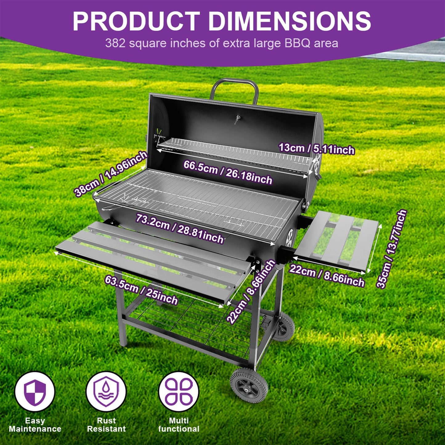 HALNYHYFD Charcoal BBQ Grill with Thermometer & Foldable Side Table, 565 sq in Cooking Space Large Charcoal Grills, Barrel Charcoal Grills for Backyards Picnic Cookouts