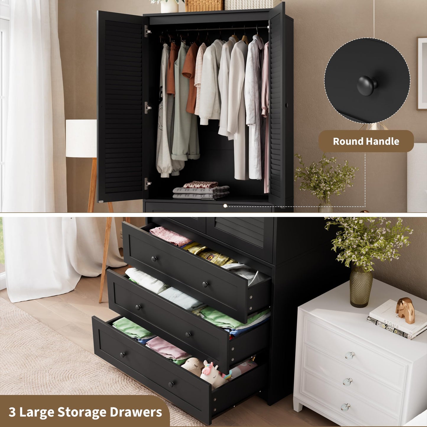 GarveeHome Armoire Wardrobe Closet with Drawers, 69.5 in Wooden Wardrobe Cabinet with Hanging Rod, 2 Doors Clothing Storage Cabinet for Bedroom, Large Capacity Storage, Louvered Door, Black