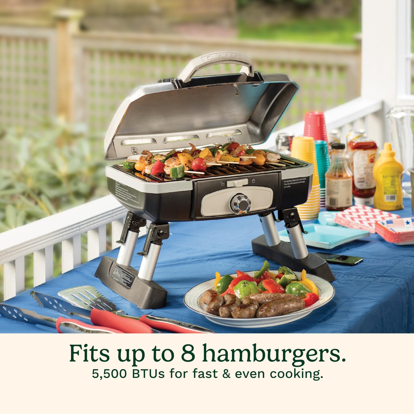 Cuisinart Petite Gourmet Portable Gas Grill, Compact Portable Grill Propane, 150 Sq. In. Cooking Surface, 5,500 BTU Burner Small Gas Grills for Camping, BBQ, Folding Legs and Carry Handles, Stainless