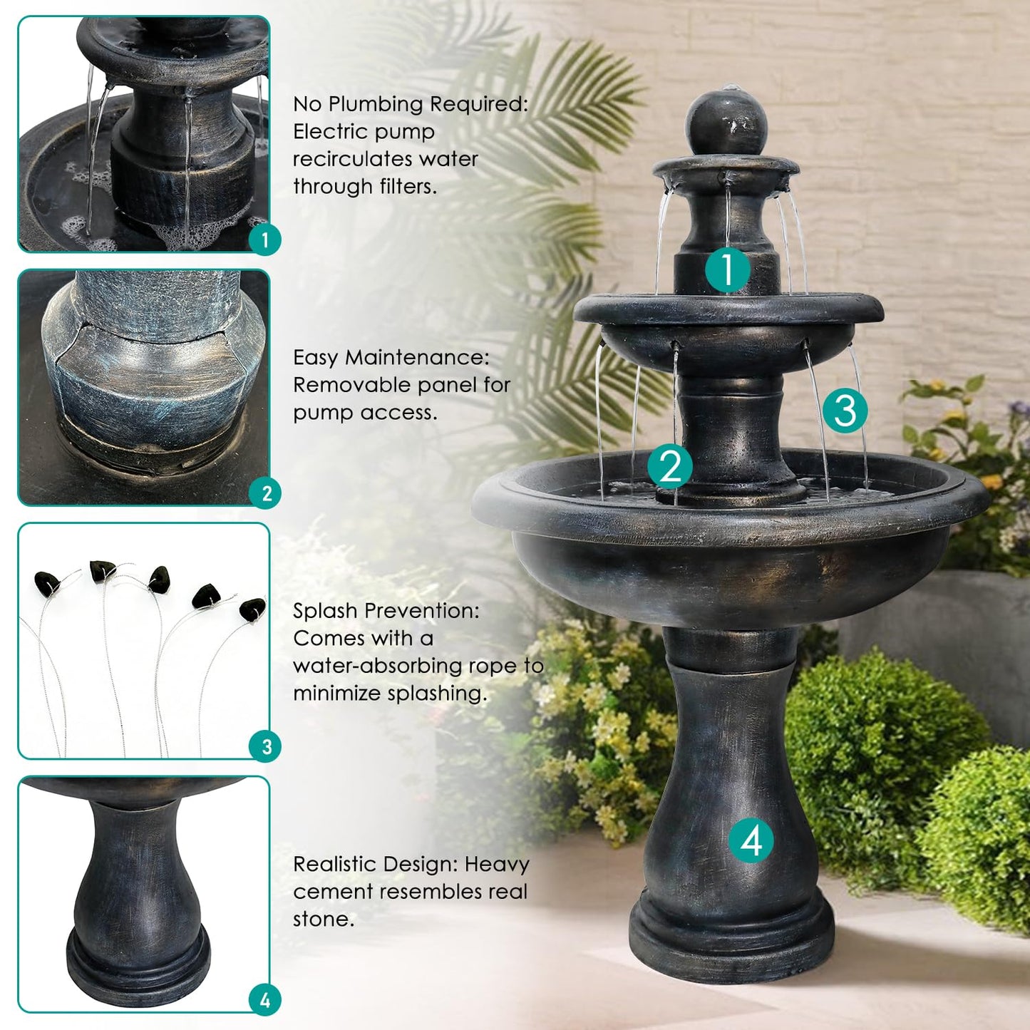SunJet 45.2" High 3-Tiers Modern Concrete Outdoor Water Fountain - Round Large Outdoor Fountains and Waterfalls for Garden, Patio, Yard, and Deck Decor, Featuring Natural Stone Look (Black, 45.2inch)