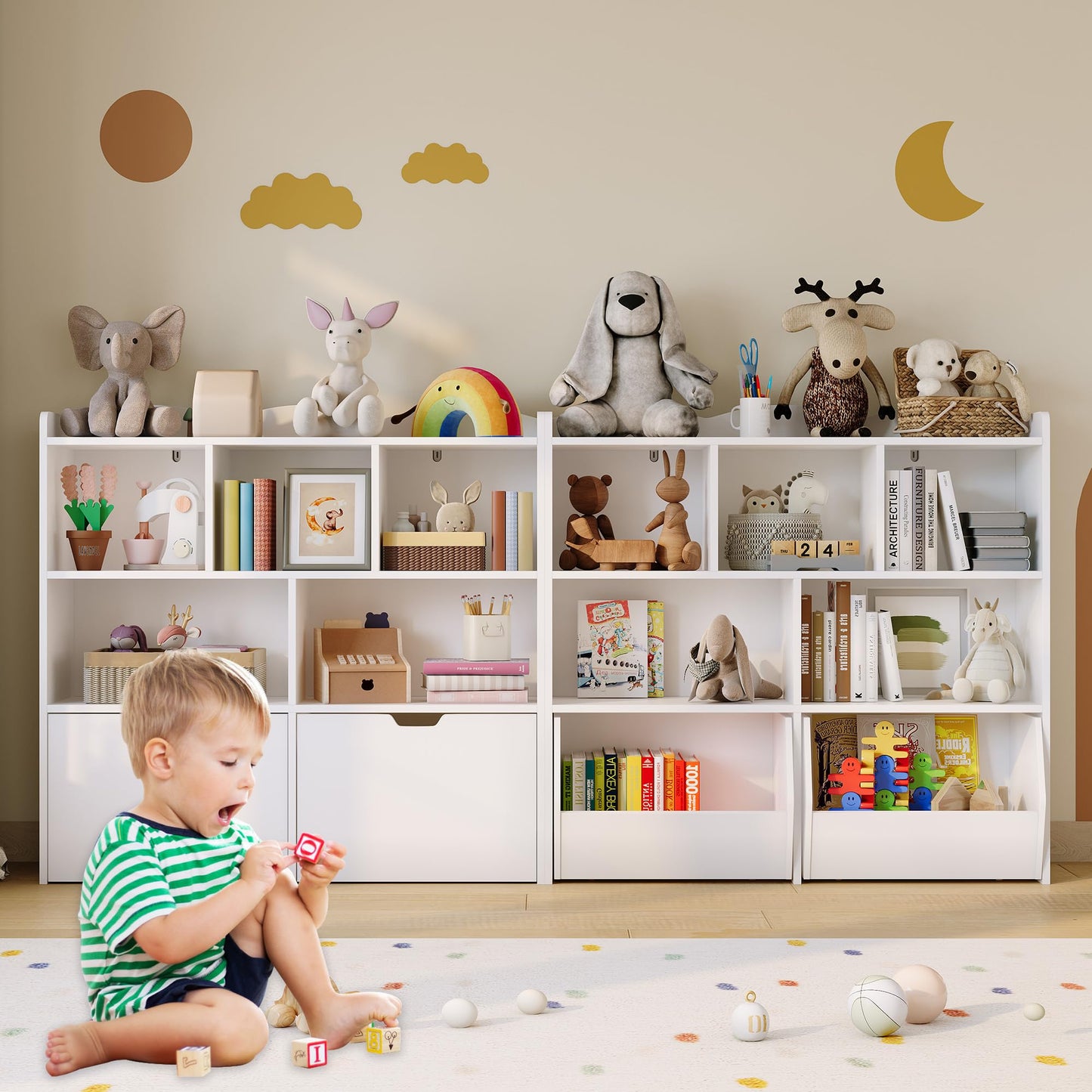 Garvee Toy Storage Organizer with Movable Drawers, Kids Bookshelf with Hidden Wheels & Open Cubbies, Multifunctional Floor Storage Chest for Playroom, White