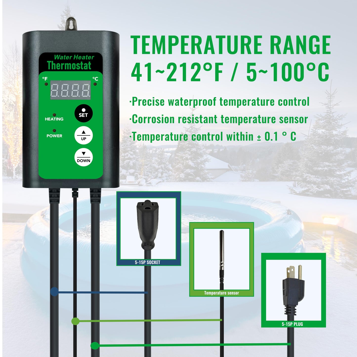 3500W 240V Immersion Water Heater of Hot Tub & Inflatable Pool – Portable Fully Submersible Electric Heater with Thermostat & GFCI for Bathtub, Sap, Above Ground/Inground Pool & Baptismal Pool etc
