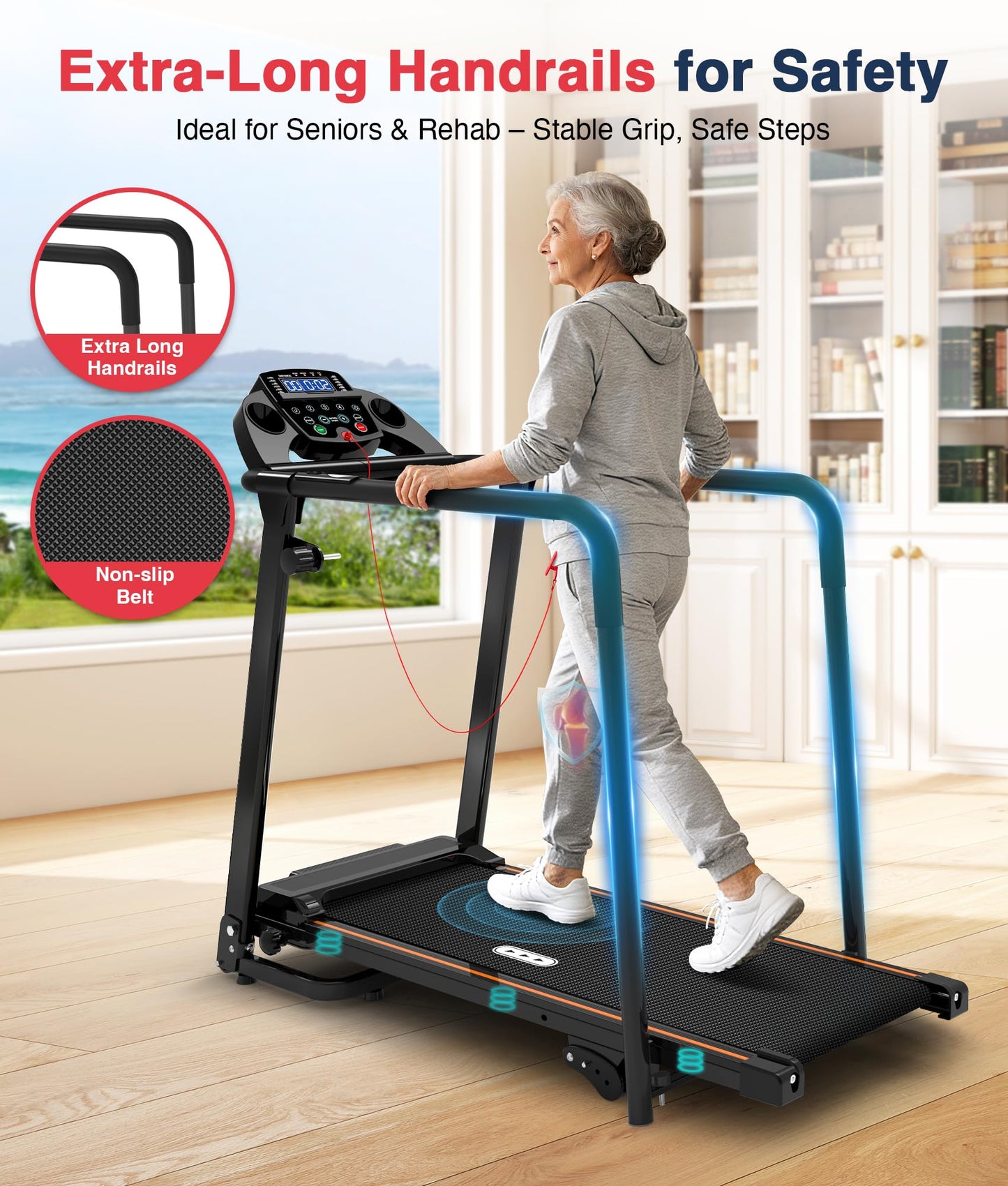 Redliro Treadmill for Seniors with Long handrails - 300 lbs Capacity Walking Treadmill for Seniors with 0%-2% Incline, Foldable, Heart Rate Monitor, Mute Home Recovery Walking Machine for Seniors
