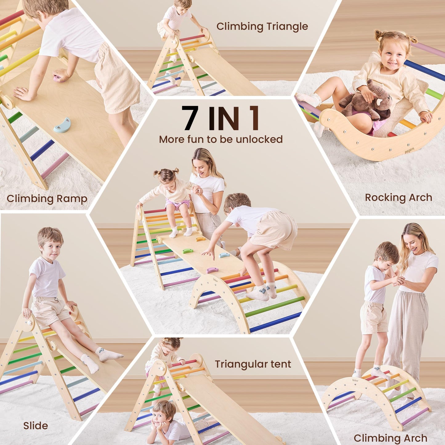 Belleur Pikler Triangle Set, 7-in-1 Foldable Climbing Toys for Toddlers 1-6 Years Old, Wooden Montessori Climbing Set with Arch, Ramp & Ladder, Baby Indoor Climber Jungle Gyms - Rainbow