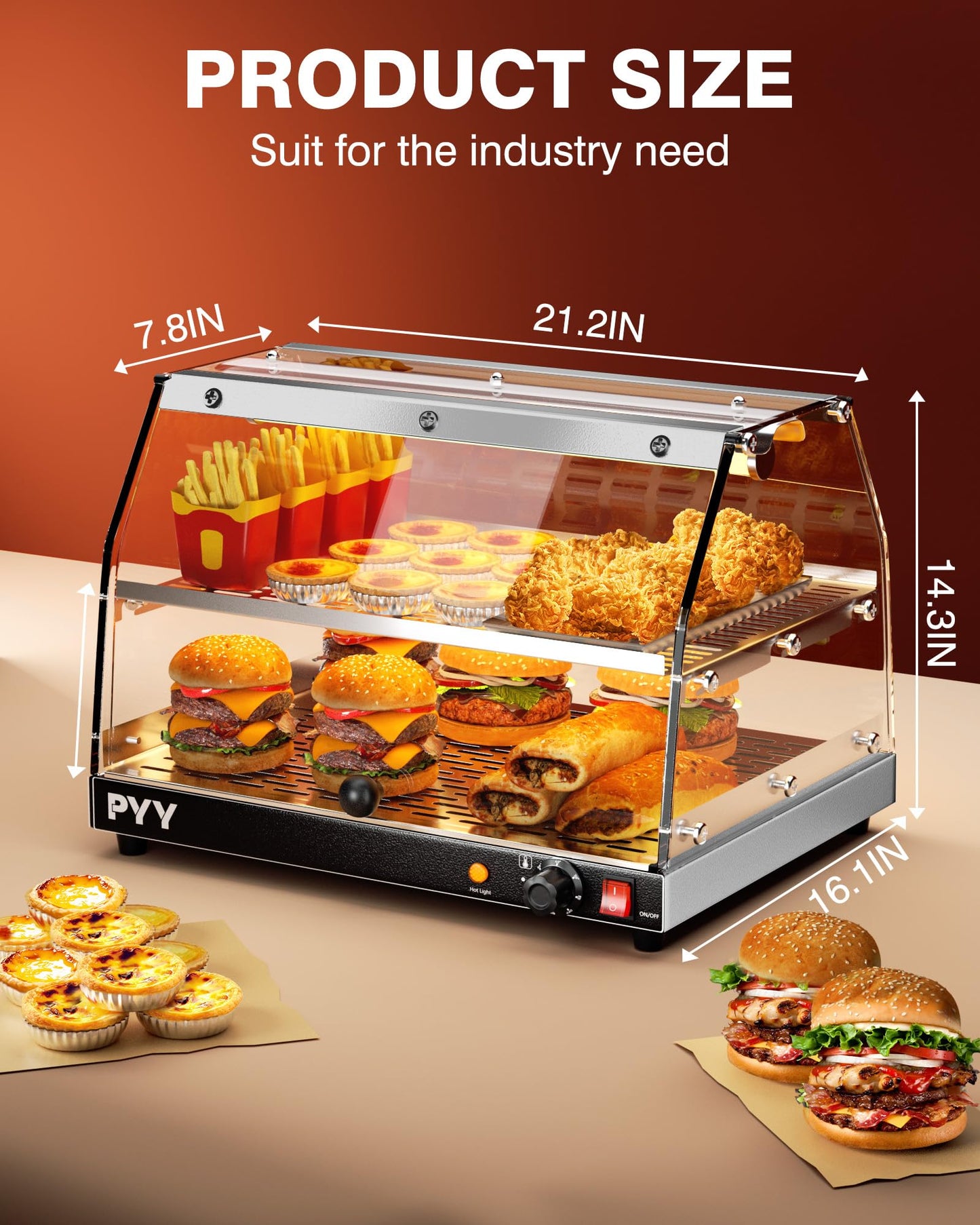 PYY Commercial Food Warmer Display, Electric Countertop Food Warmer with LED Lighting Adjustable Glass Door, 2-Tier Pastry Display Case for Buffet Restaurant Silver