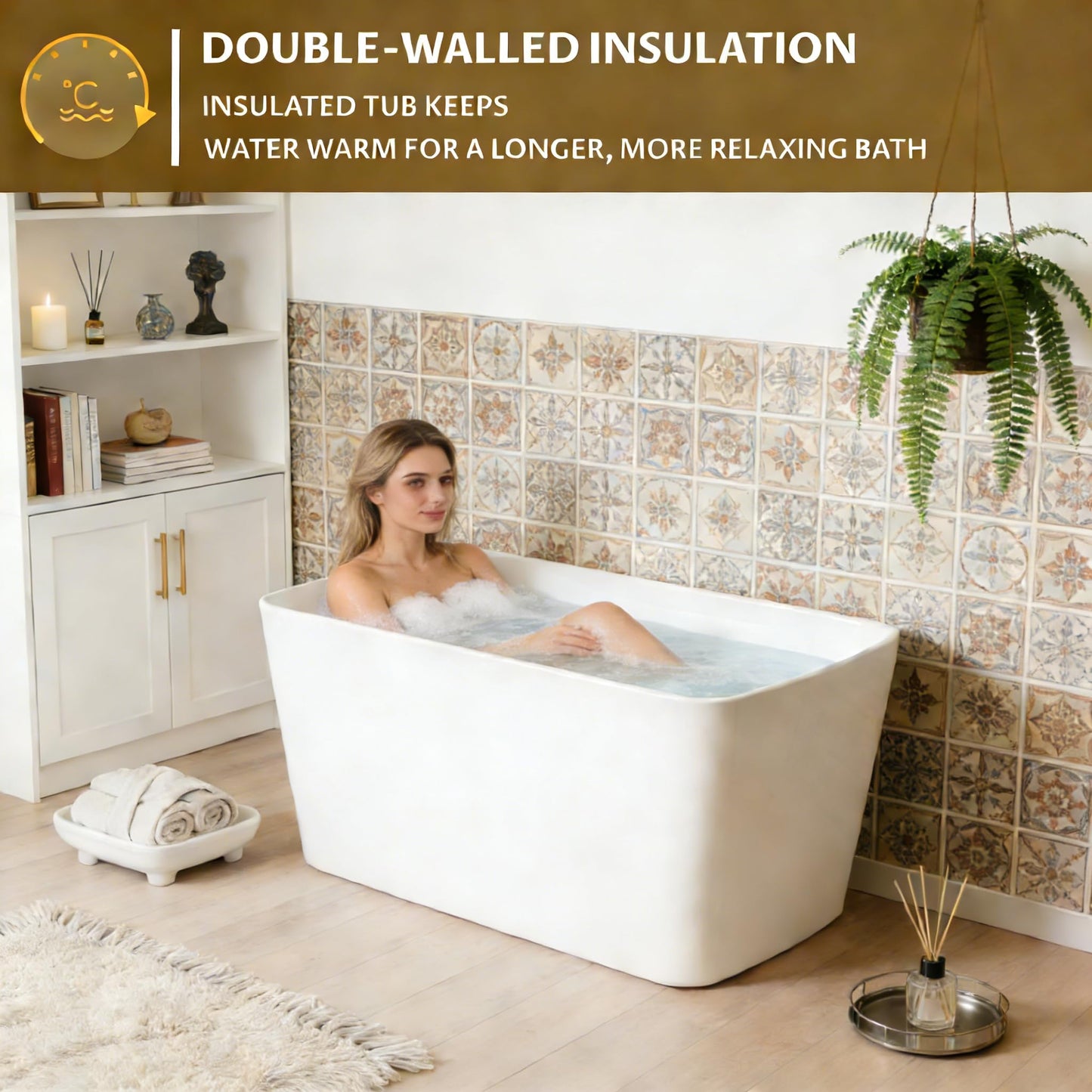 Acrylic Freestanding Bathtub, Soaking Tub with Seat, Toe-Tap Drain, Slotted Overflow, Deep Ergonomic Design, CUPC Certified, Glossy White, 49"