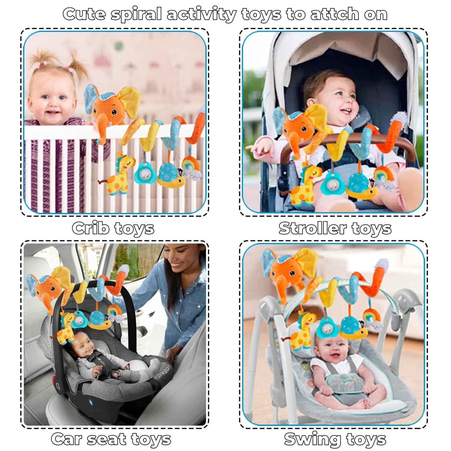 Car Seat Toys for Baby, Spiral Activity Stroller Toy for Infants 0-6 Months, Hanging Baby Toys Crib for Newborn 0 3 6 12 Months Developmental Toy with Music Box Rattle Squeaker- Orange Elephant