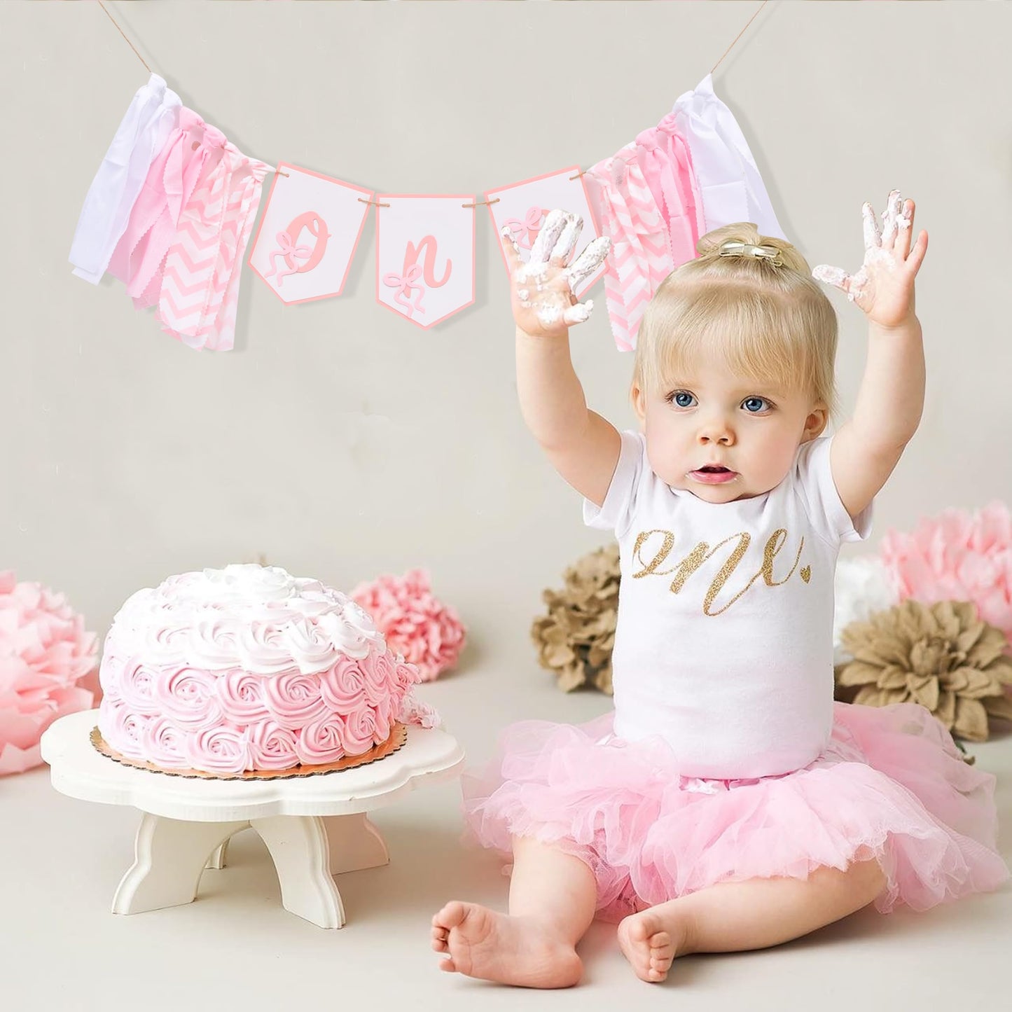 Bow One High Chair Banner - Sweet 1st Birthday Decorations, Pink Princess Party Photo Backdrop, Girls Smash Cake Highchair Banner, First Birthday Fabric Garland