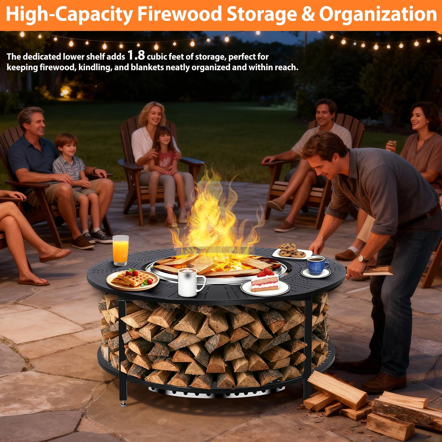 Chintooler 40 Inch Compact Fire Pit Surround Tabletop for Solo Stove Ranger & Tiki 20, Outdoor Patio Stand with Firewood Storage Shelf, Heavy Duty Steel, 200LB Capacity