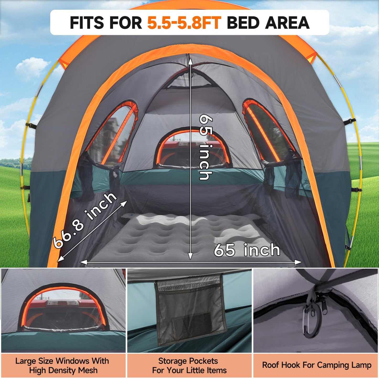 Umbrauto Truck Bed Tent with Awning: 5.5-5.8FT PU3000mm Waterproof Tailgate Pickup Truck Tents, Easy Set-up for 2 Person, Fits Full Size Short Bed, Chevy, Dodge, Ford, GMC, Green