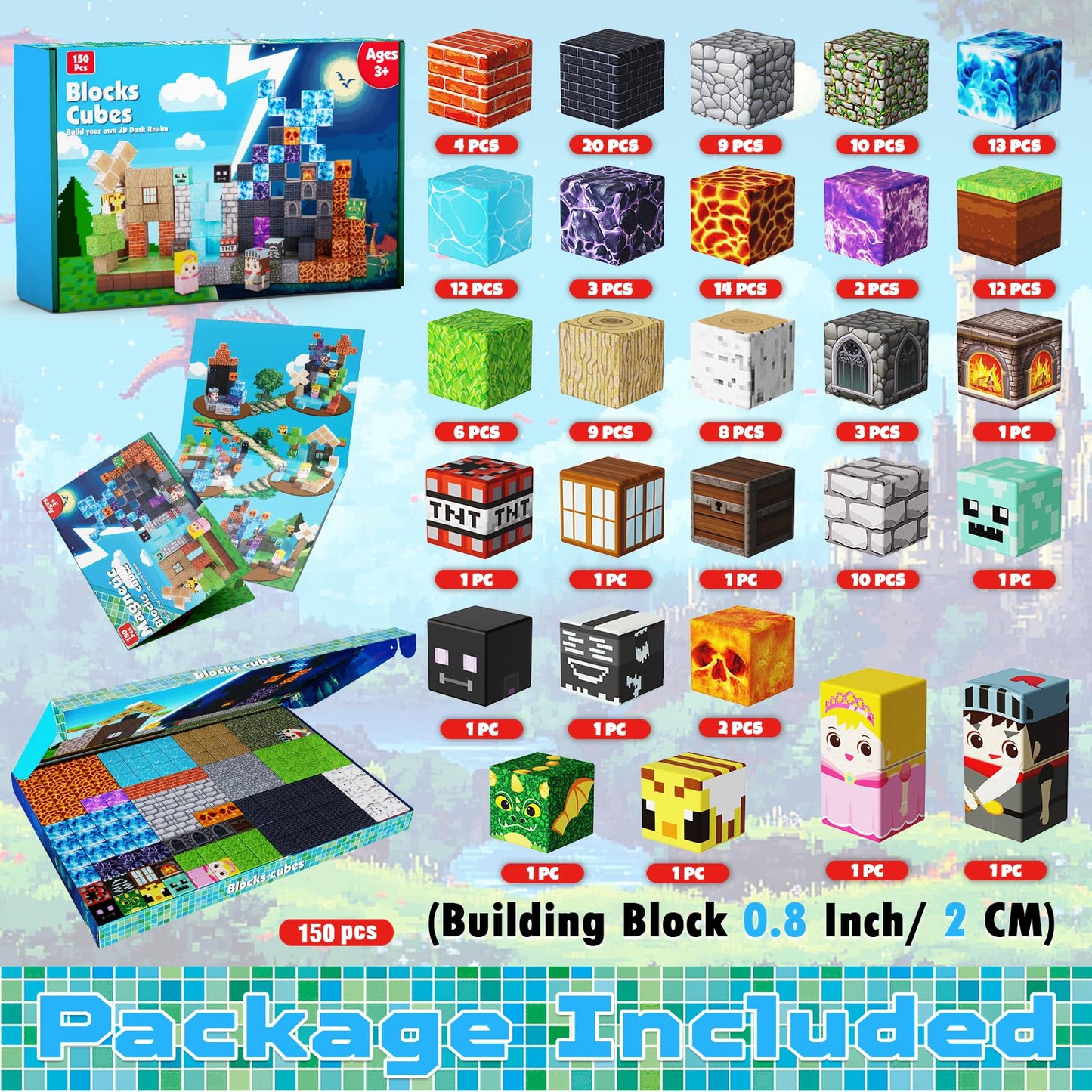 150PCS Magnetic Blocks - Magnet Building Blocks, Stacking Magents Cubes Toys Forest Dark Castle Set, STEM Montessori Sensory Toys for Kids Boys and Girls Ages 3 4 5 6 7 8 9 10 Easter Birthday Gifts