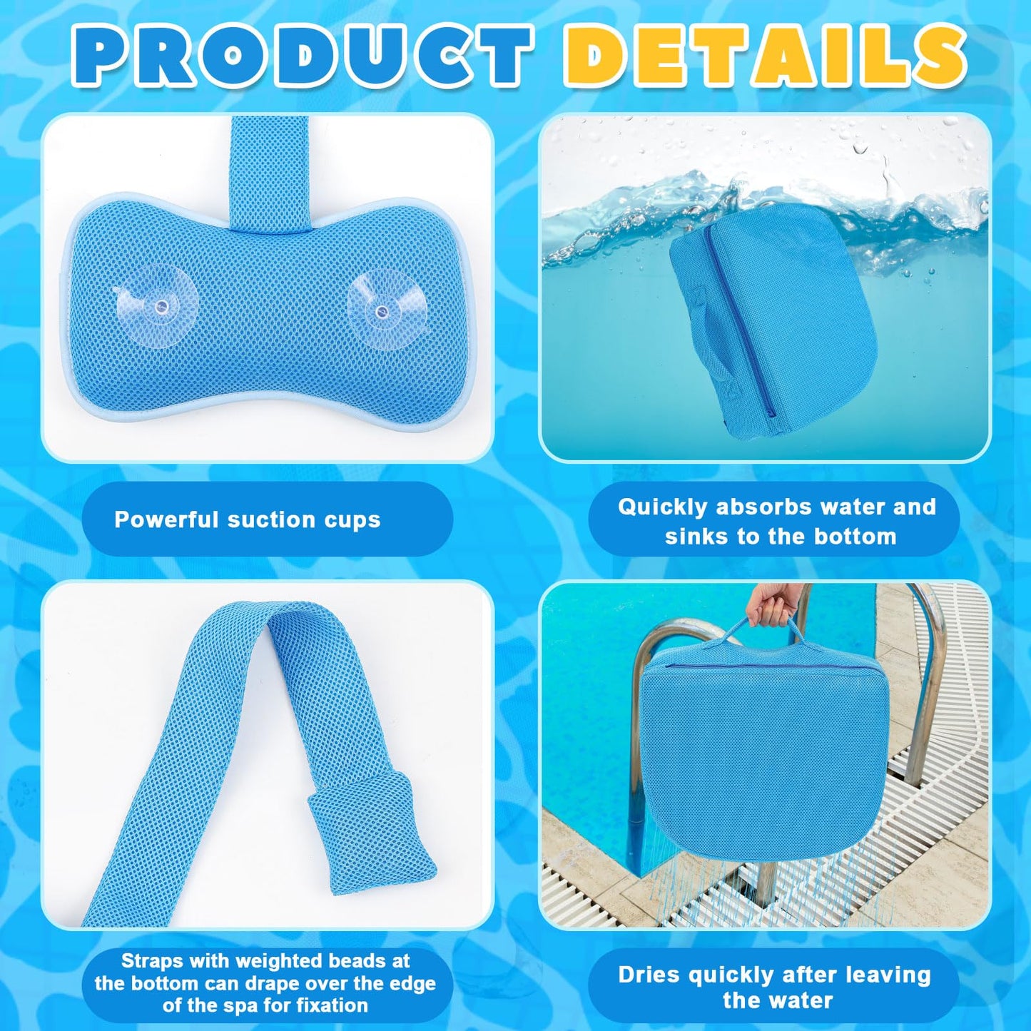 Yerliker 2 Pcs Foldable Hot Tub Booster Seat with Bath Pillow, Inflatable Adjustable Height Spa Cushion with Suction Cups, Weighted Marbles, Extra Thick Bathtub Seat with Back Support