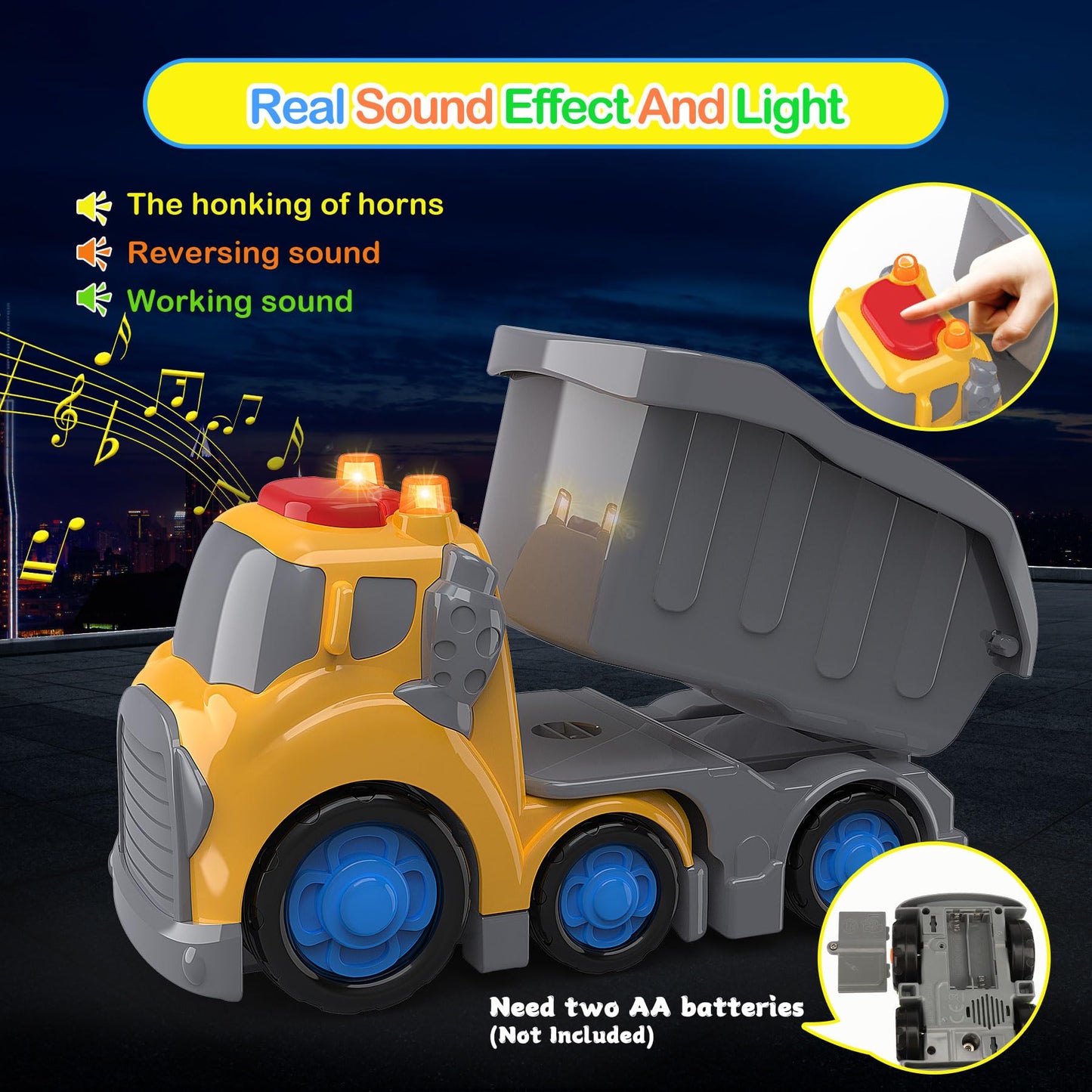P&C 7.6" Toddler Construction Dump Truck Toys for Ages 2-4, Beach Sand Outdoor Toys Dump Truck Set with Sounds and Lights for Kids 18M+, 2, 3, 4, Ideal Birthday Christmas Gifts for Boys Girls