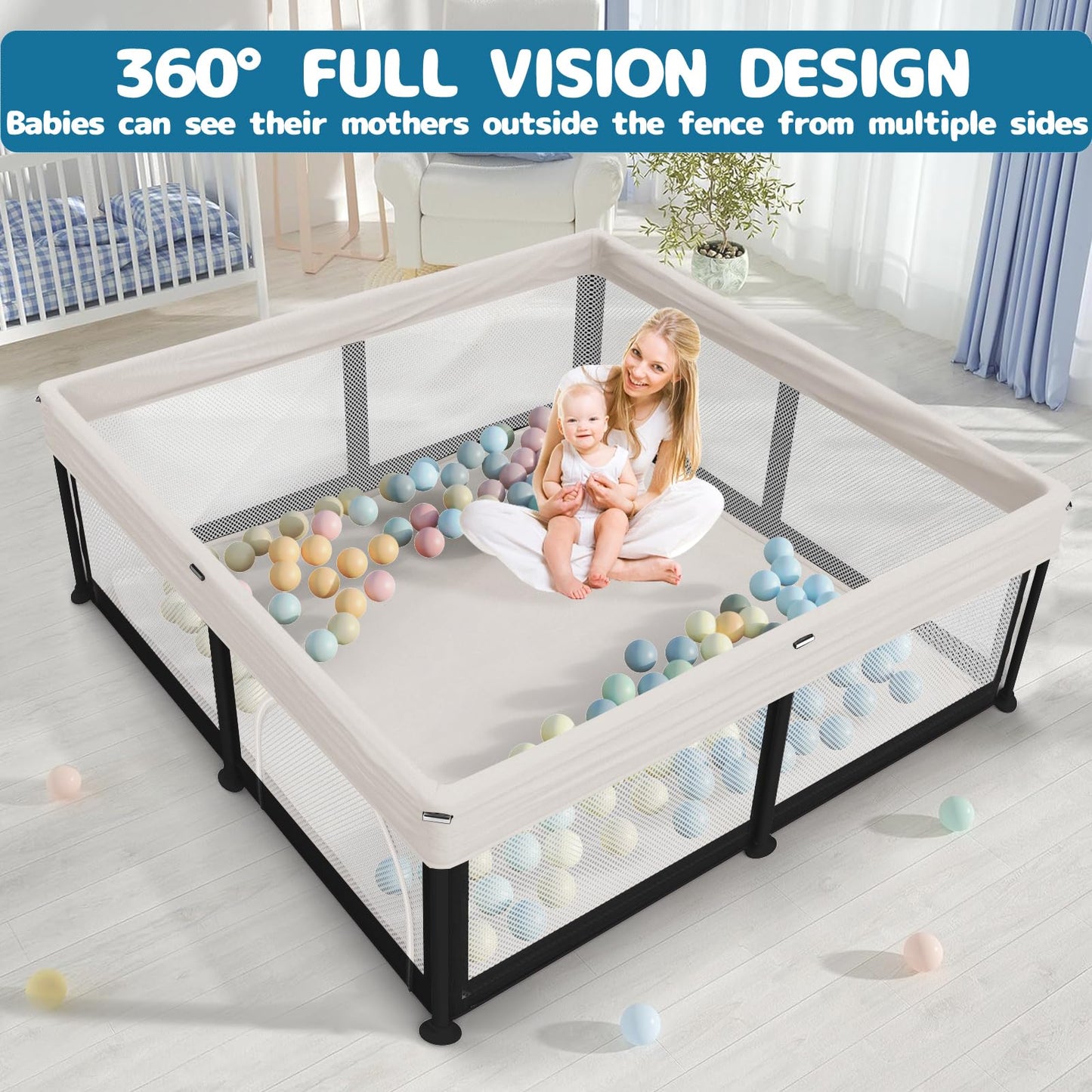 Semoprus Baby Playpen, Portable Indoor Outdoor Play Area with Balls, Beige, 50x50x27 Inch, Quick Fold Design, Mesh Safety Panels, for 0-36 Months