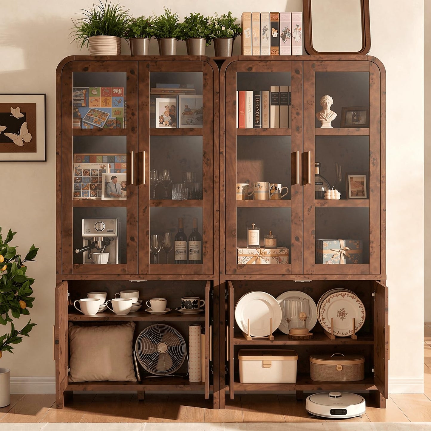 EliteSet 77" Tall Kitchen Pantry Cabinets, Wooden Curved Storage Cabinets with 2 Adjustable Shelves, 1.18'' Panel Freestanding Cupboard for Dining Room, Living Room, Bathroom, Dark Burl, 1Pcs
