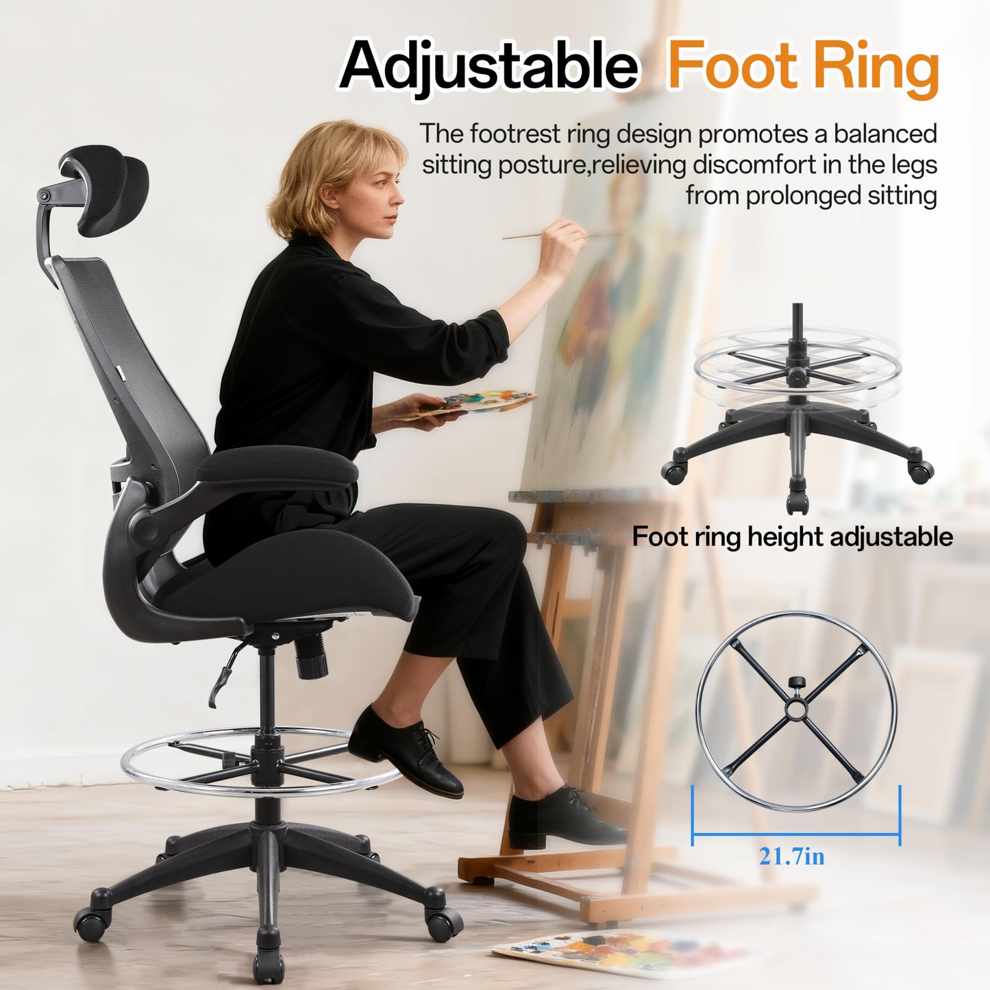 BOLISS Drafting Office Chair 400lbs High Back Wide Standing Desk Chair Comfortable with Flip up Armrests Lumbar Support Adjustable Big Footrest Ring(Black)