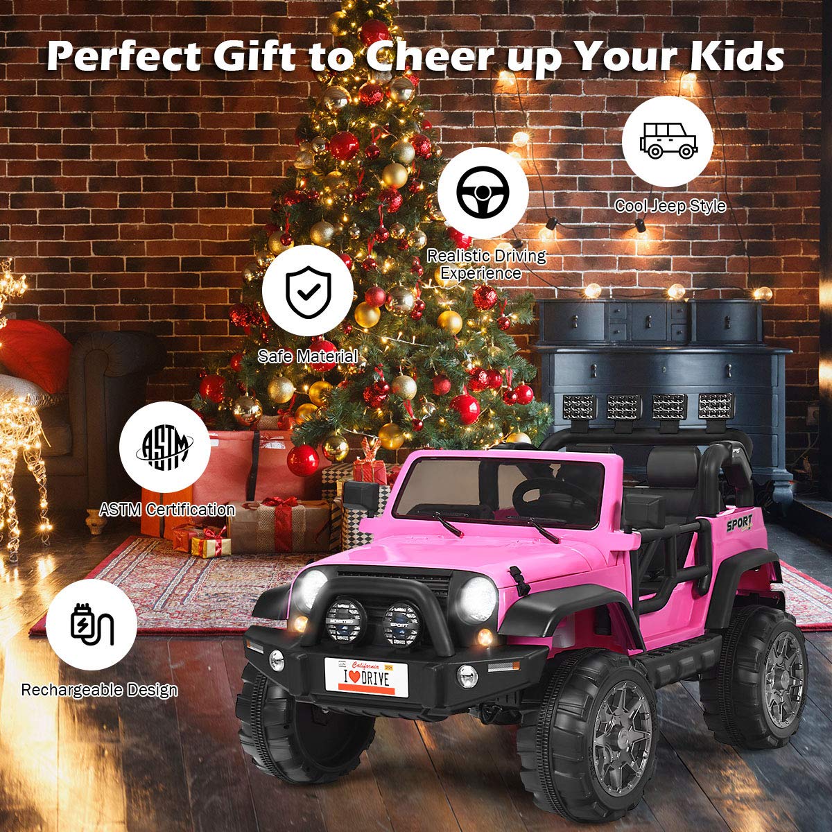 Costzon 2-Seater Ride on Truck, 12V Battery Powered Electric Vehicle Toy w/Storage, Remote Control, 3 Speed, LED Lights, MP3, Horn, Music, 2 Doors Open, Spring Suspension, Ride on Car for Kids (Pink)