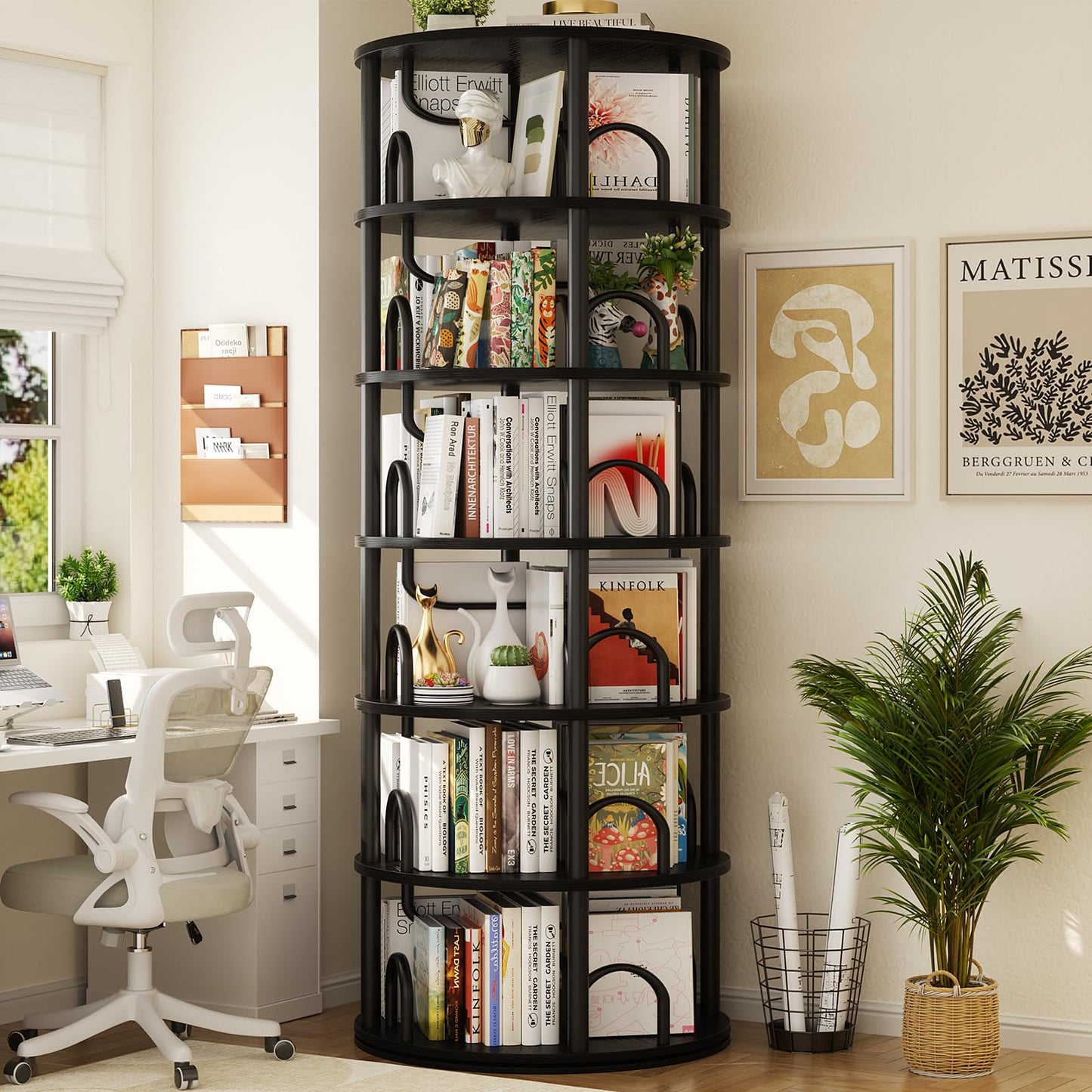 Aheaplus 6 Tier Rotating Bookshelf Tower, Revolving Bookcase, 360° Round Spinning Book Shelf, Narrow Swivel Bookshelves Vertical Rolling Turning Corner Bookshelf Organizer for Small Space, Black