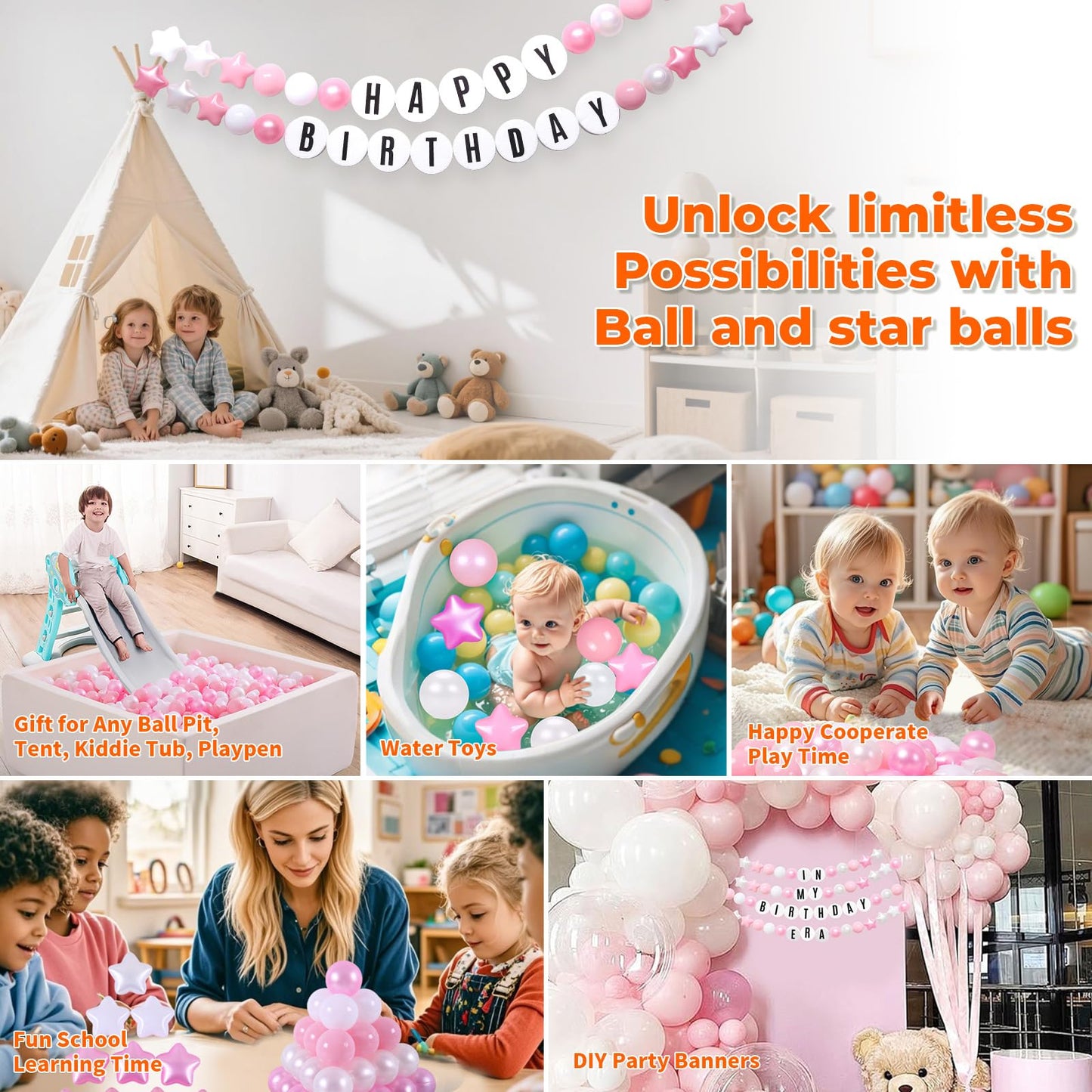 Heopeis Star Ball Pit Balls for Toddlers - 100 200 500 Pack Phthalate & BPA Free Plastic Toy Balls for Kids, Ball Pool Play Tent, Baby Kiddie Pool Water Toys, Party Decoration