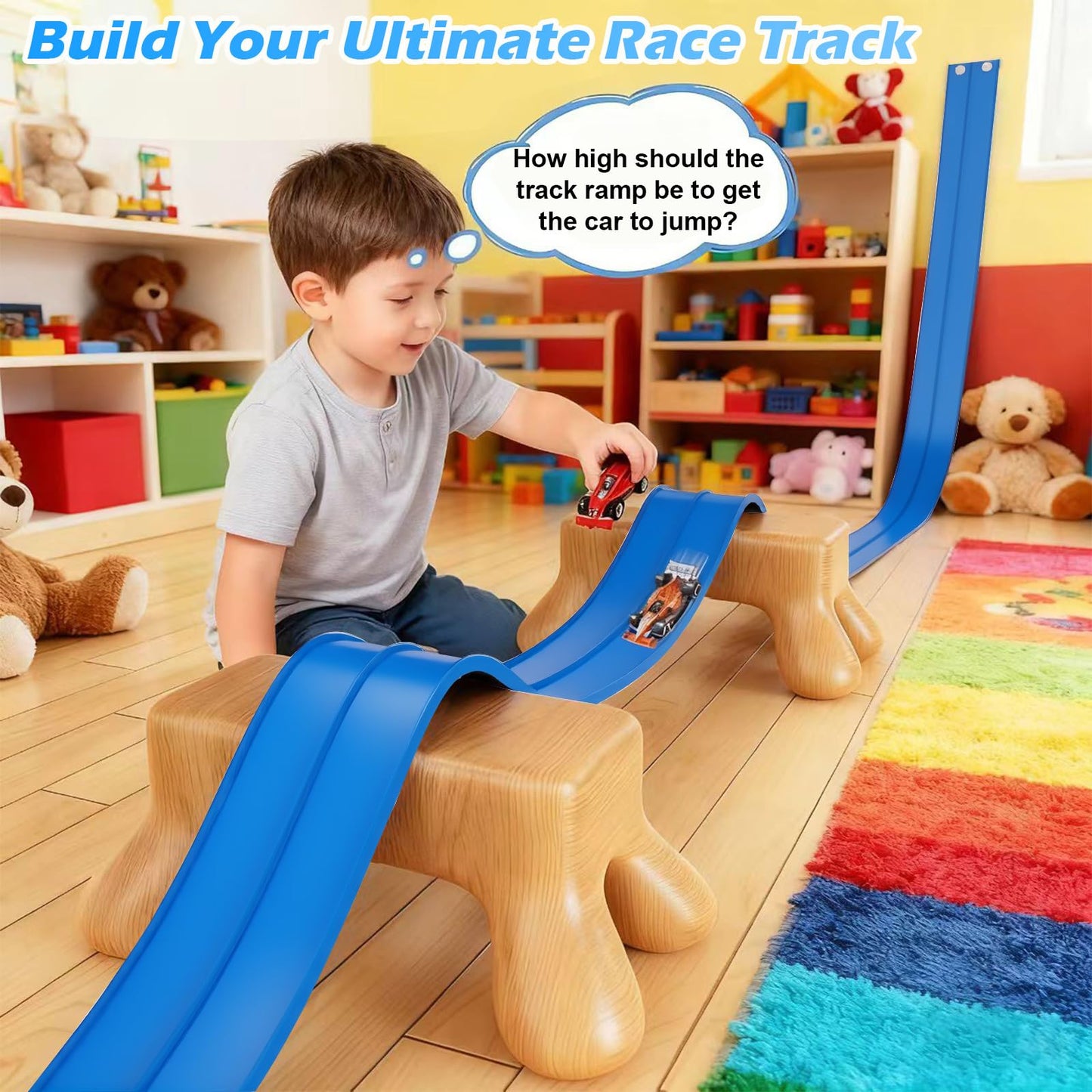 Flexible Race Track Toys for Kids, 15 Ft Flex Tracks Starter Set with Strong Suction Cups - Compatible with Hot Wheels and Diecast 1/64th Cars, Rolls up Portable Race Car Ramp Track (Blue)