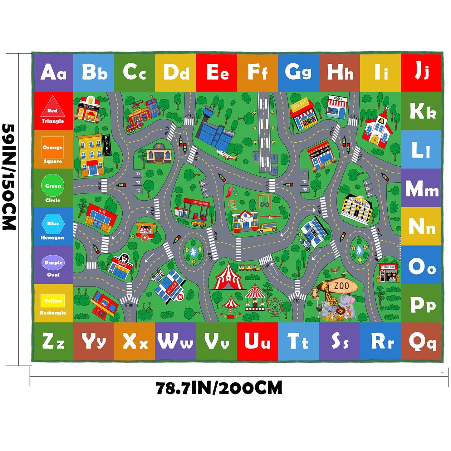 Kids Play Mat, Super Soft Car Track Rug, ABC and Shapes Educational Playmat, Non-Slip City Road Traffic Carpet Nursery Rugs for Playroom Bedroom Boys, Children Play Area Rug