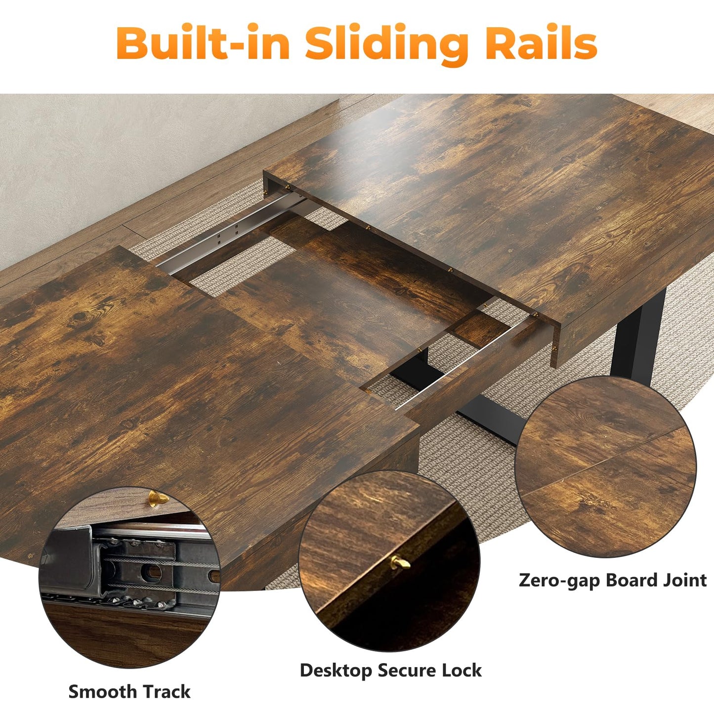 Zevemomo 63"-78.7" Rectangular Extendable Dining Table, 6-8 Extendable Dining Table, Conference Table, Kitchen Table with Slide Track, Tapered U-Shaped Wood Legs for Office, Living Room-Rustic Brown