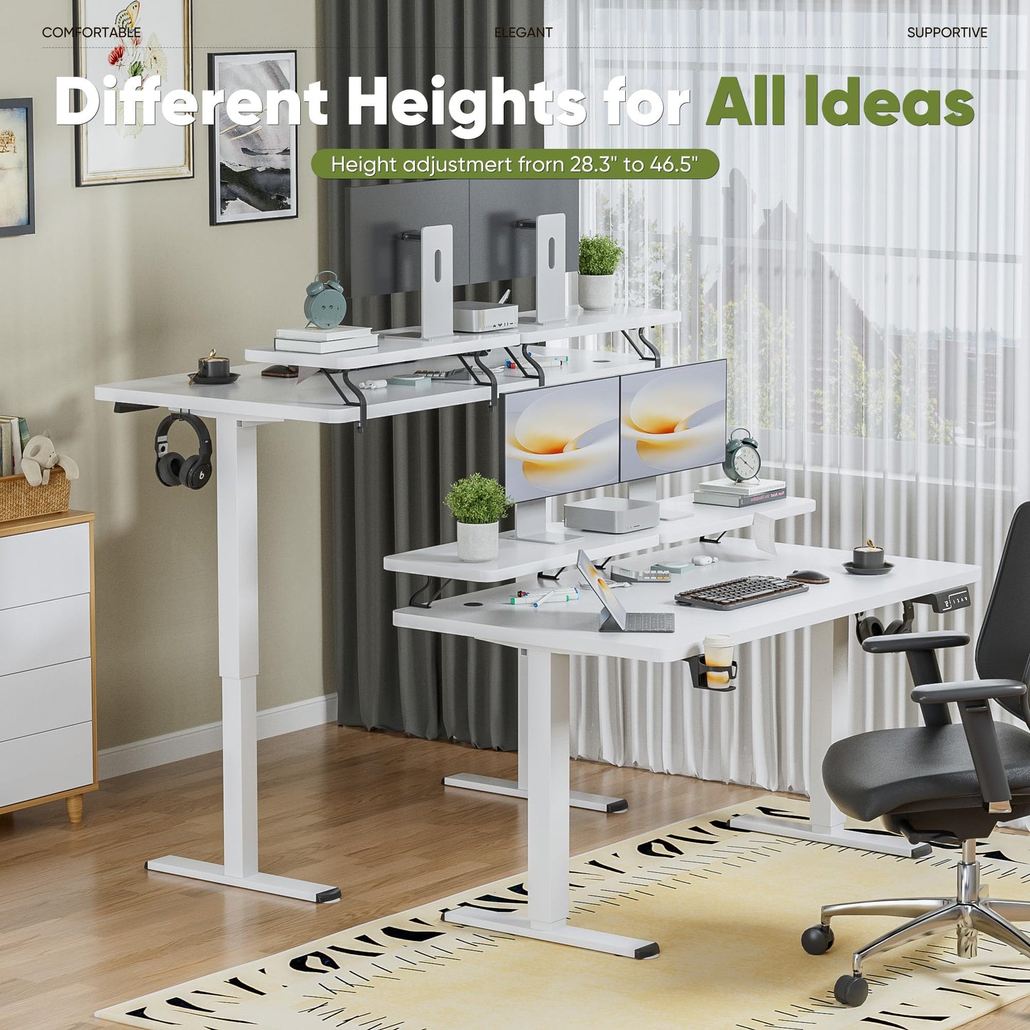 Shahoo Electric Standing Desk with Monitor Shelf, 55 x 24 Inches Height Adjustable Corner Table, Computer Workstation with Cup Holder and Hook for Home Office, White, 55x24 Inch