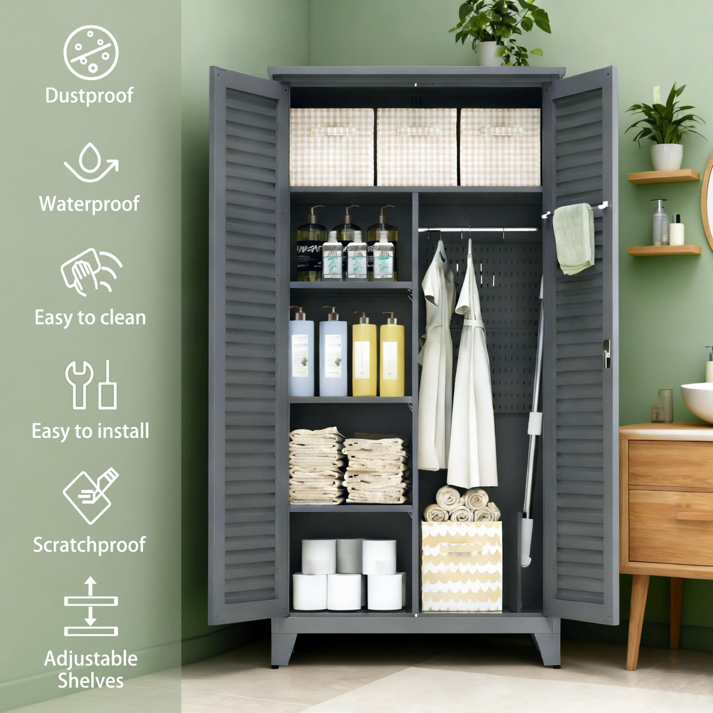 Shutter Metal Storage Cabinet,Waterproof 73'' Tall Freestanding Tool Chest w/ 3 Adjustable Shelves,Locking Doors,2 Hanging Rod,Utility Garage Storage Tool Cabinet for Garage,Home,Office,Outdoor,Black
