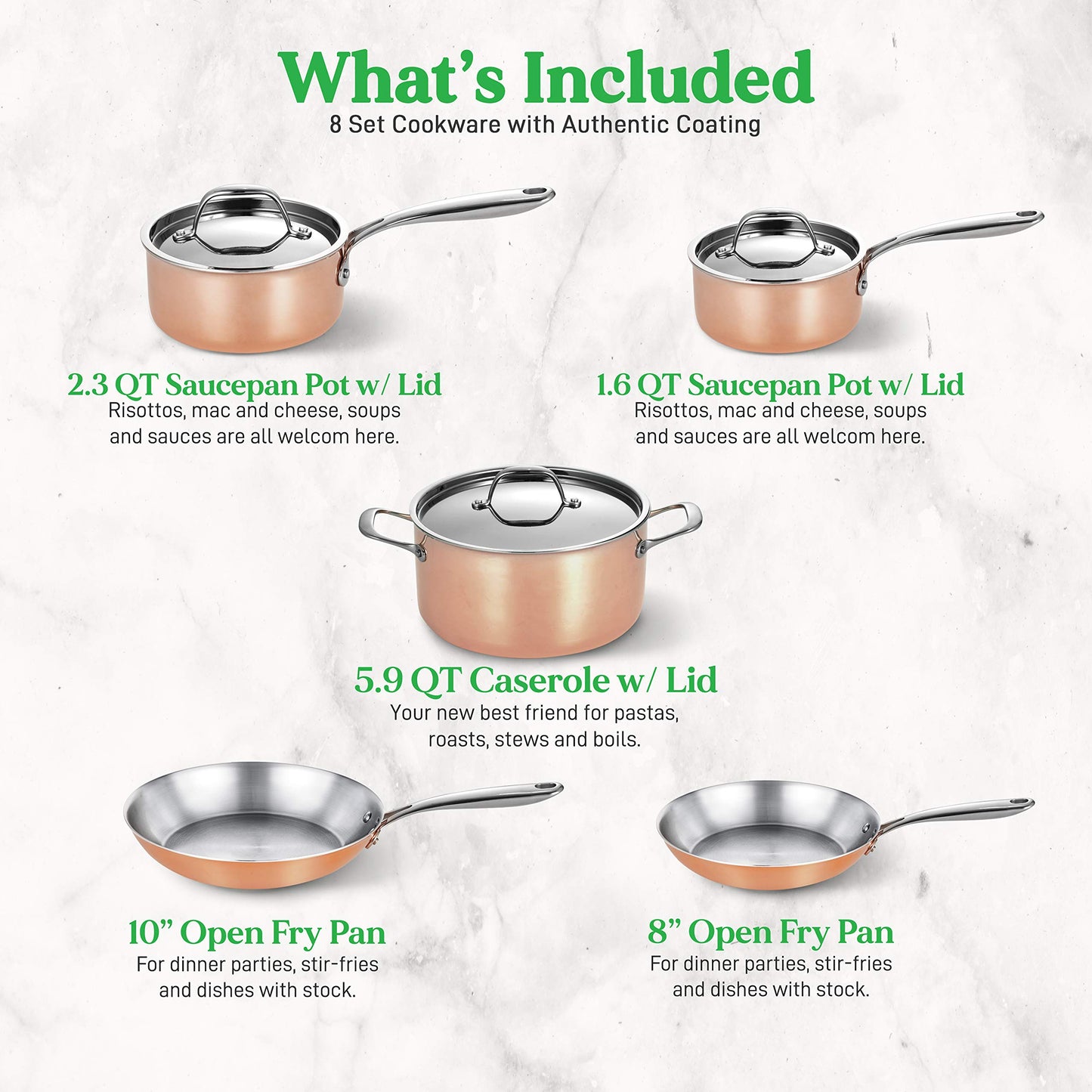 NutriChef 8 Pcs. Stainless Steel Cookware Set - Kitchenware Pots & Pans Set Stylish Kitchen Cookware w/Cast SS Handle, Tri-Ply Authentic Copper, for Saucepan, Casserole, Frying Pan, Lids - NCCW8SS