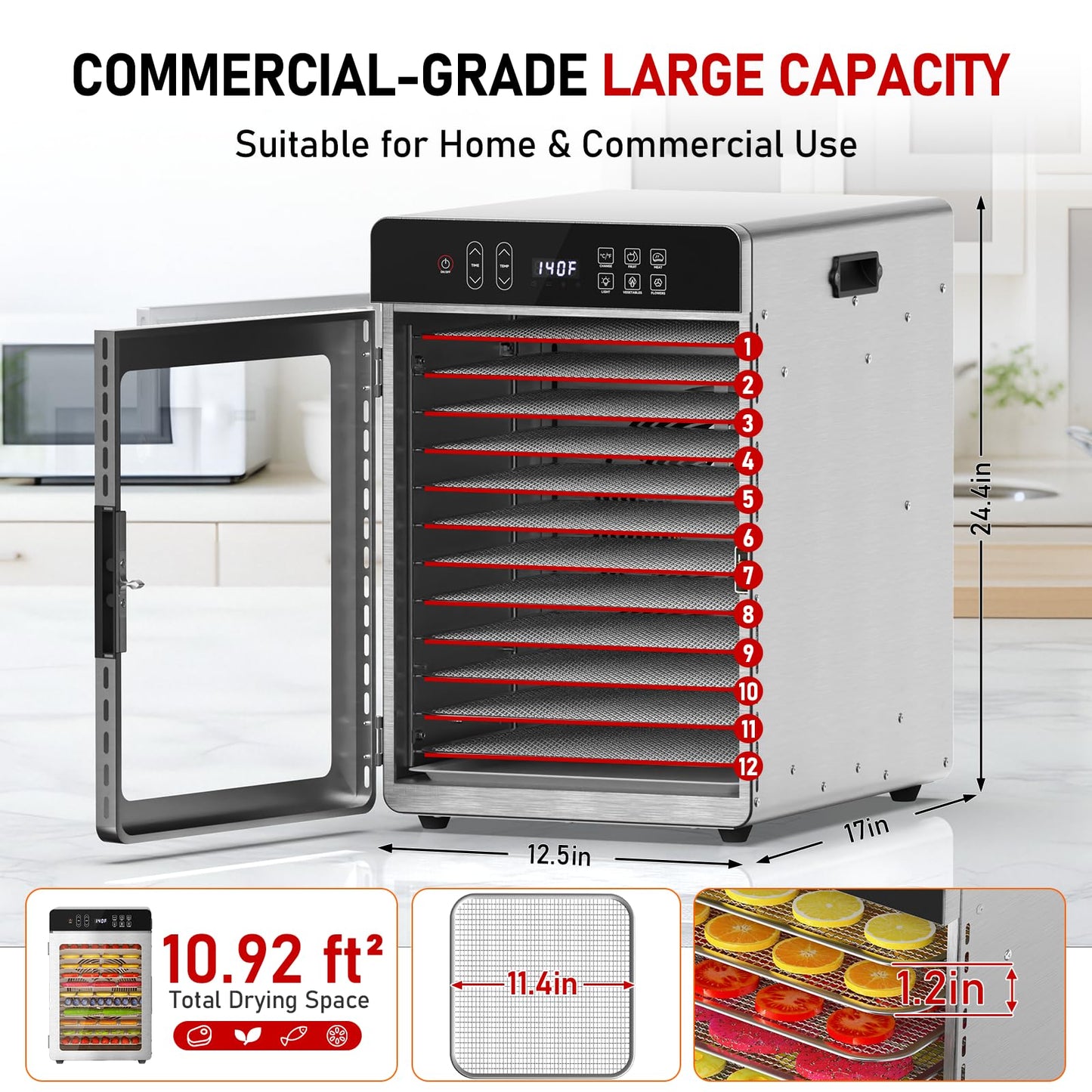 Food Dehydrator for Jerky, 12 Stainless Steel Trays, 10.9ft² Meat Dehydrator with Digital Timer & 194℉ Temp Control, 4 Presets, 800W Electric Dehydrator Machine for Fruit, Herbs, Yogurt, Pet Treats