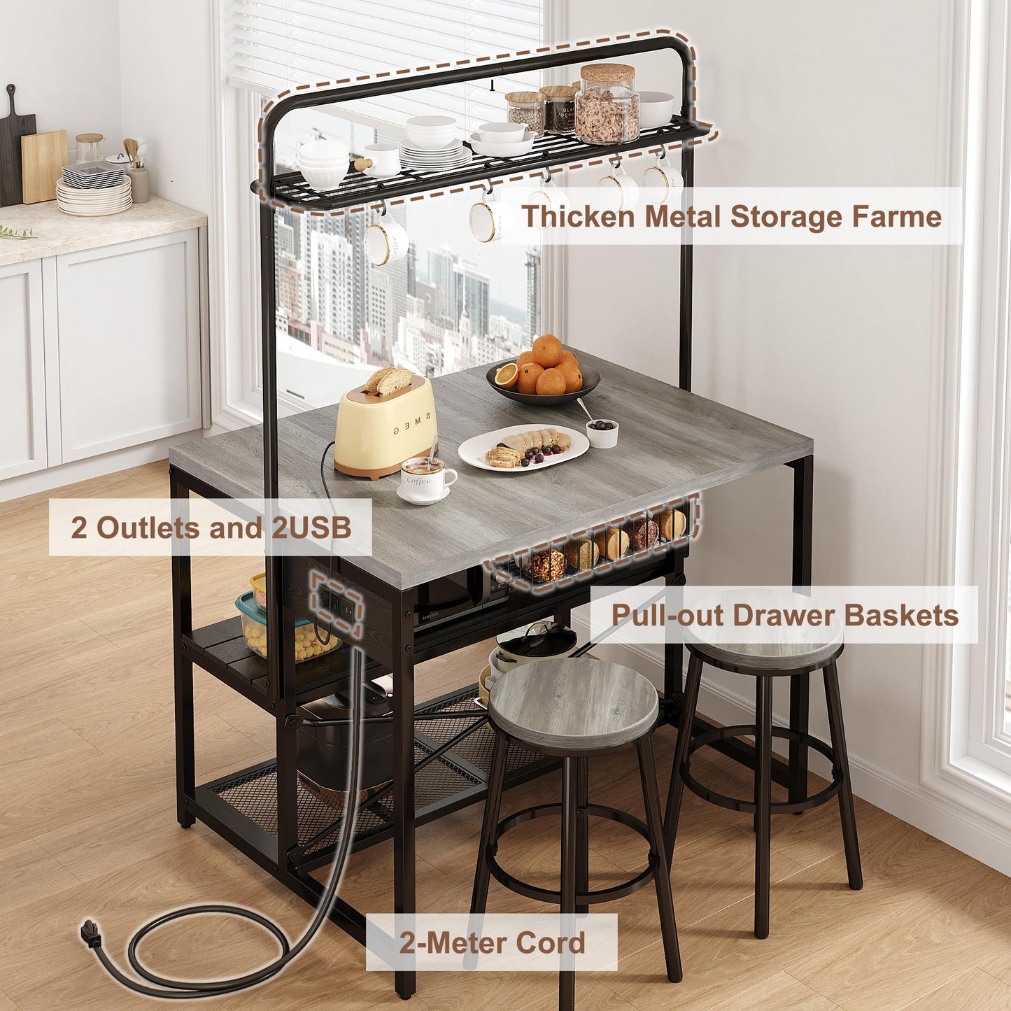 46" Large Kitchen Island Table Baker Rack with Power Outlet and 3-Tier Storage-Microwave Stand Oven Shelf, Metal Coffee Bar Table,Kitchen Storage Shelf for Dining Living Room, 5 Hooks,Grey
