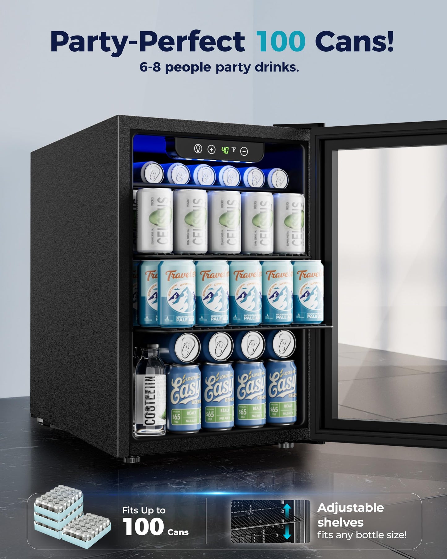 EUHOMY 100 Can Beverage Refrigerator cooler-Mini Fridge Glass Door for Beer Drinks Wines, Freestanding Beverage Fridge with Adjustable Shelves Blue LED for Home/Office/Dorm/Bar, 2.7 cu.ft