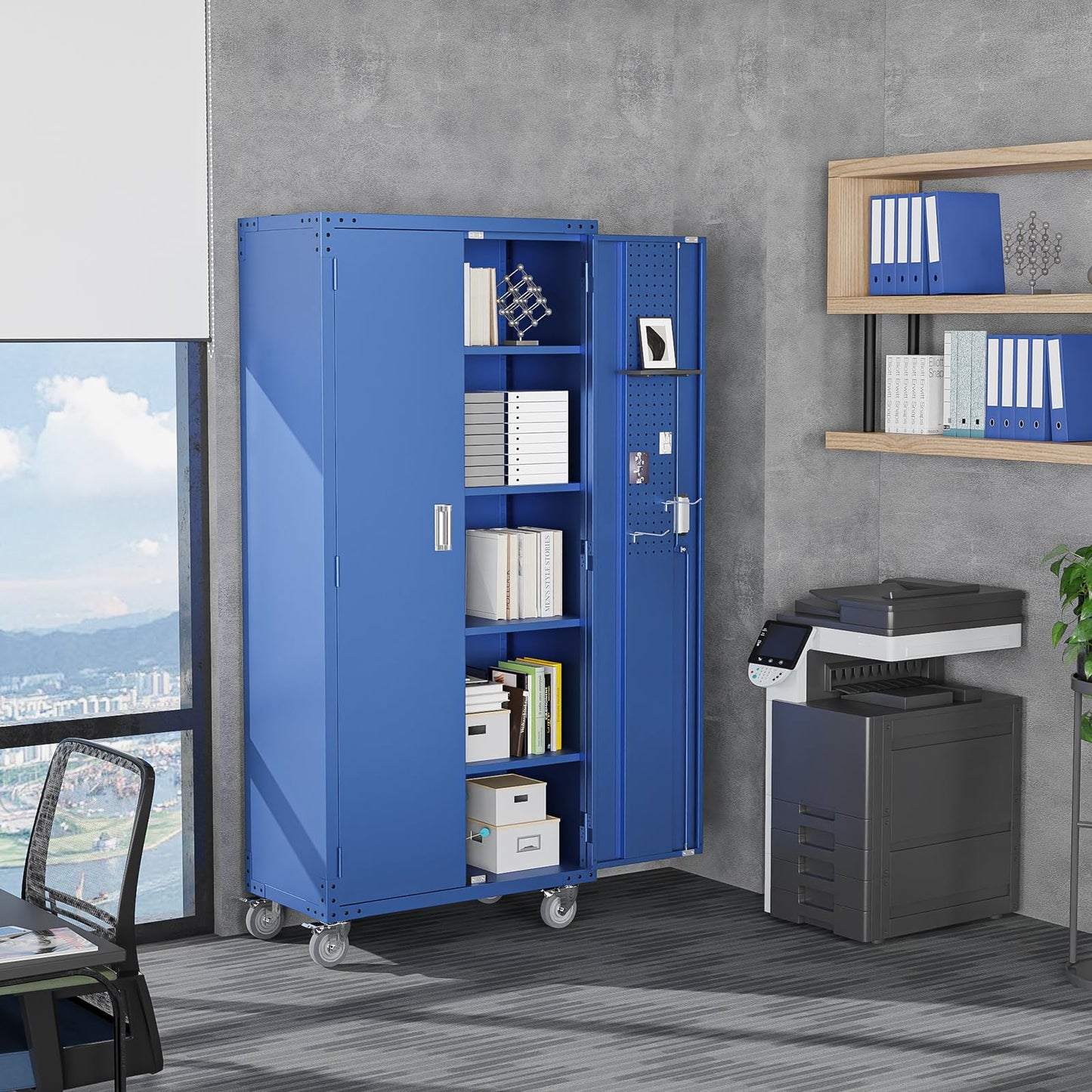 VINGLI 72'' Tall Metal Garage Storage Cabinet with Pegboards, Wheels, Locking Doors and Adjustable Shelves, File Cabinet/Tool Cabinet for Home Office/School (Blue, 32W x 16D x 72H)