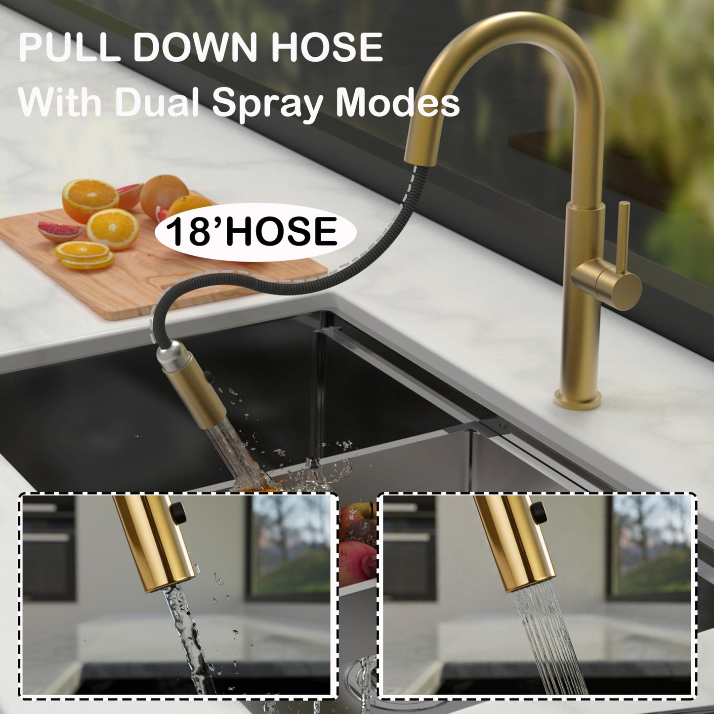 Voriva Kitchen Faucets with Pull Down Sprayer - Single Handle High Arc Stainless Steel Kitchen Sink Faucet, Modern Kitchen Faucets for Farmhouse Bar RV Laundry Camper Brushed Gold