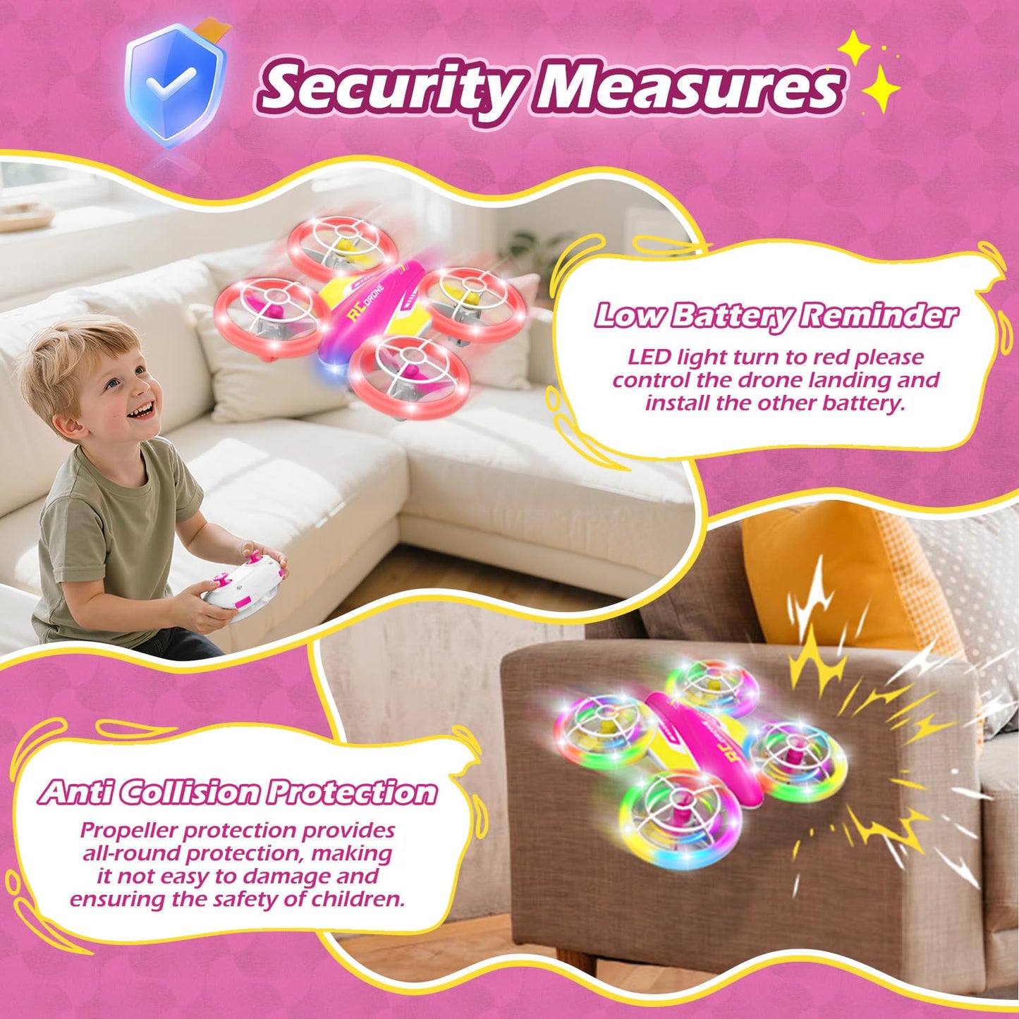 FUNPX LED RC Drone for Kids 6+, Christmas Birthday Gift for Boys & Girls with Remote Batteries, 360° Flip, High Speed Mode, 45 Min Flight Indoor and Outdoor Flying Toy - RoseRed Yellow