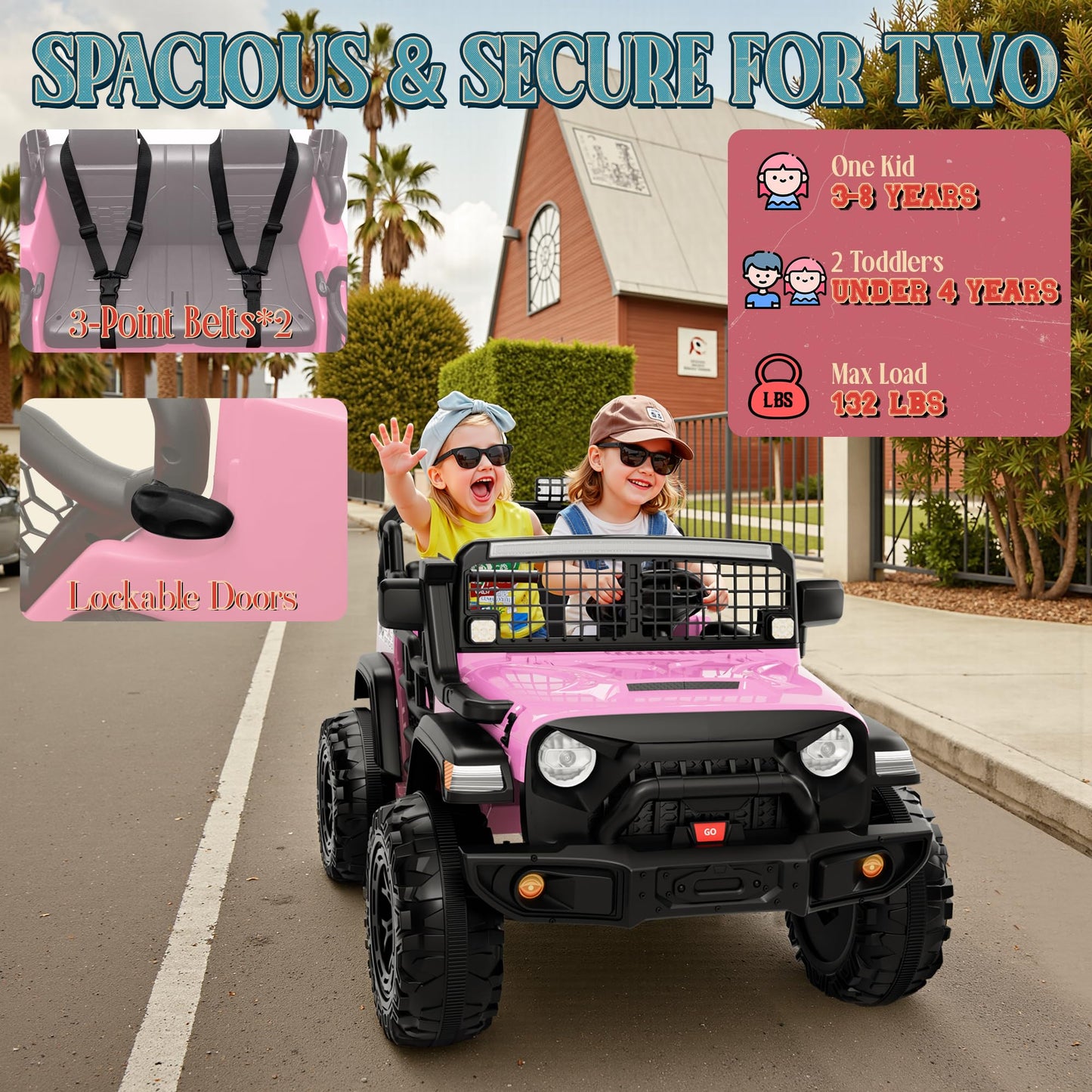 JORFLY 24V Ride on Toys for Big Kids, 20'' 2-Seater Electric Ride On Car Truck w/800W Motors, Remote Control, Mult-Led Lights, 3 Speeds, Bluetooth, Shock Absorption, Power Car Wheels for Kids, Pink