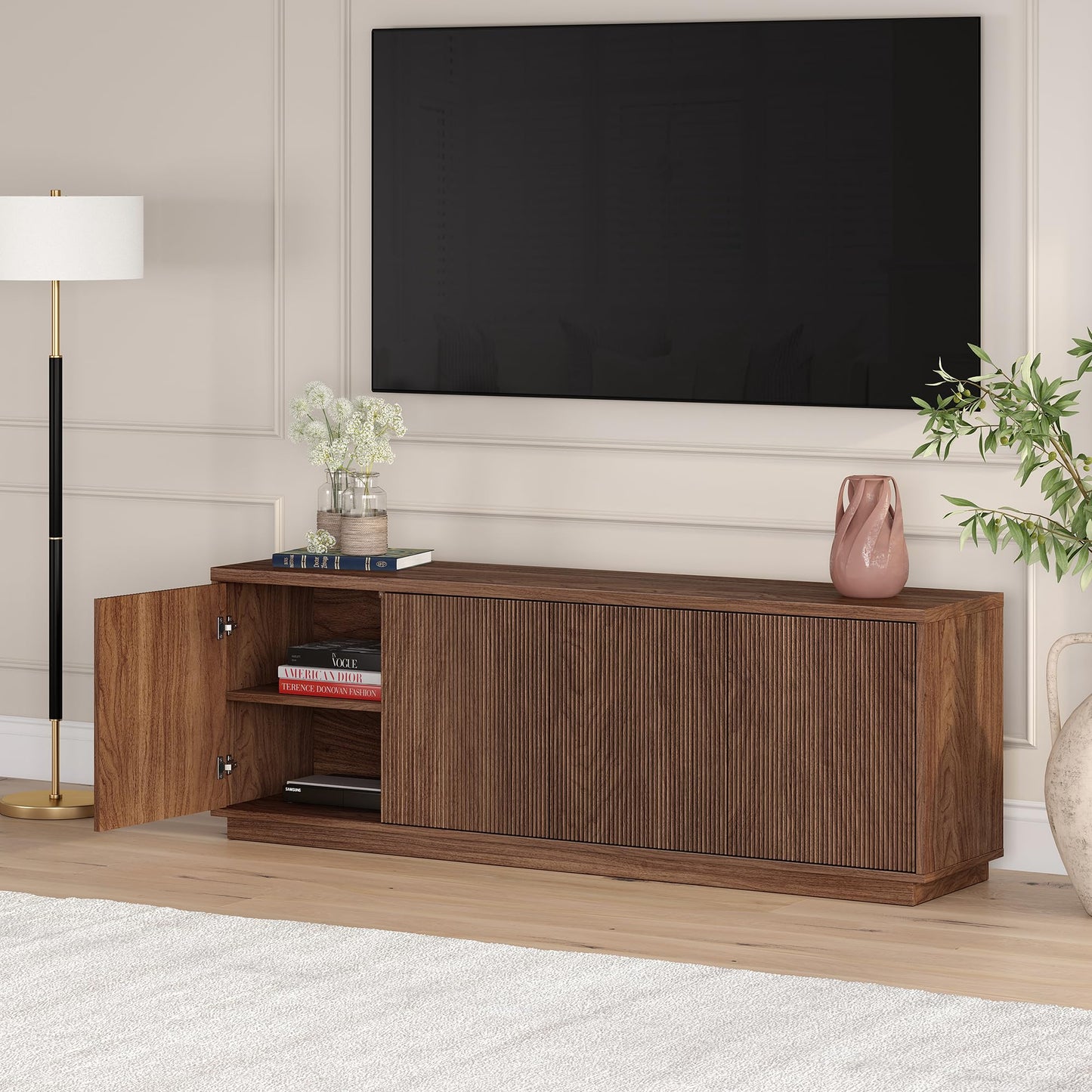 Henn&Hart Fluted TV Stand for TVs up to 75" with 2 Concealed Ribbed Storage Cabinets and Adjustable Shelves for Living Room, Family Room, or Office, Medium Walnut