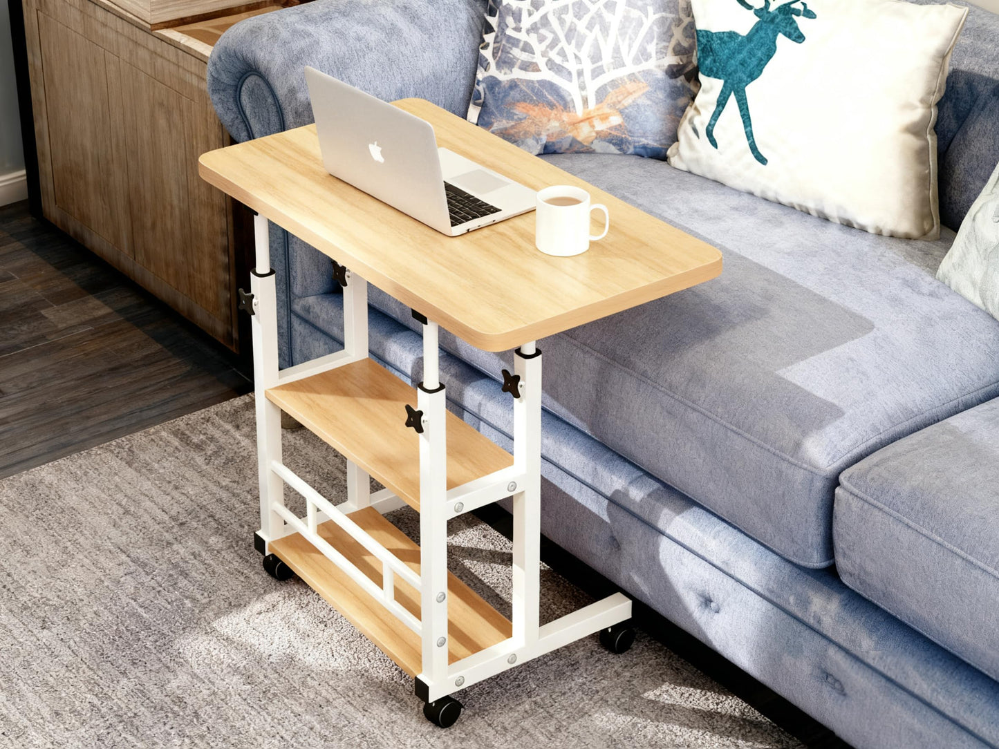 VebaCidi Medical Overbed Bedside Table with Two Shelves and Wheels (Hospital and Home Use), 31 1/2" Desk with Non Tilt Wooden Top, Adjustable Height (Walnut)