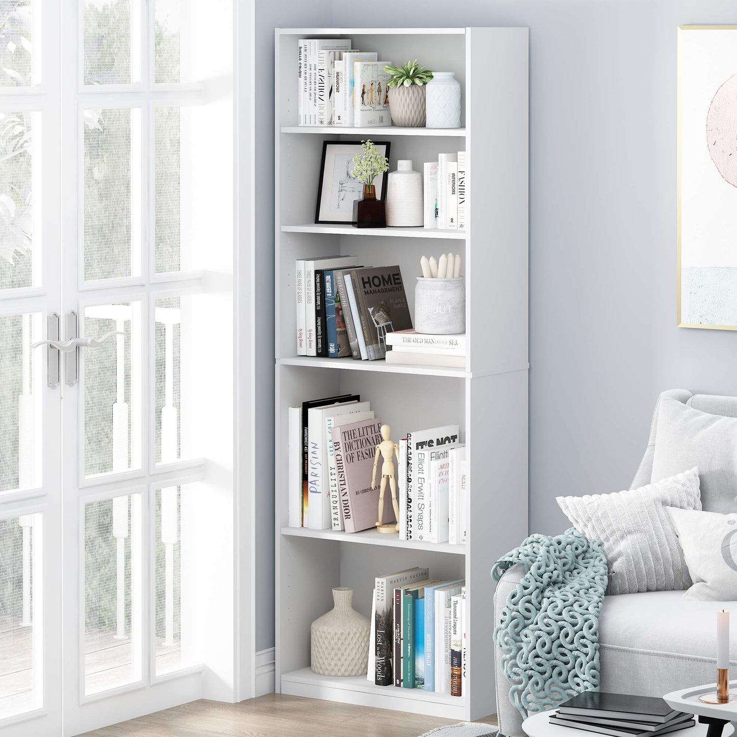 Furinno Jaya Book Shelf Set of 2, 5-Tier Bookshelf, Bookcase, with Adjustable Shelf, 9.5 x 24.5 x 71, for Home Office, Living Room, White