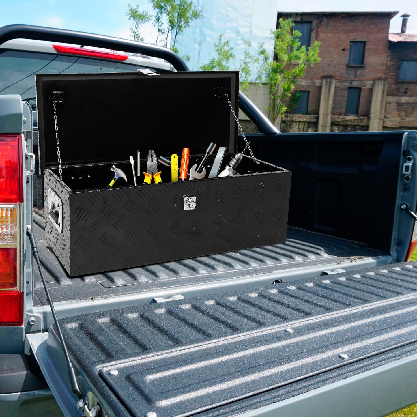 confote 30 Inch Truck Tool Box Aluminum Stripes Truck Bed Tool box for Truck,Pickup,RV,Trailer,Waterproof Storage Organizer with Side-Handles,Lock and Keys-Black