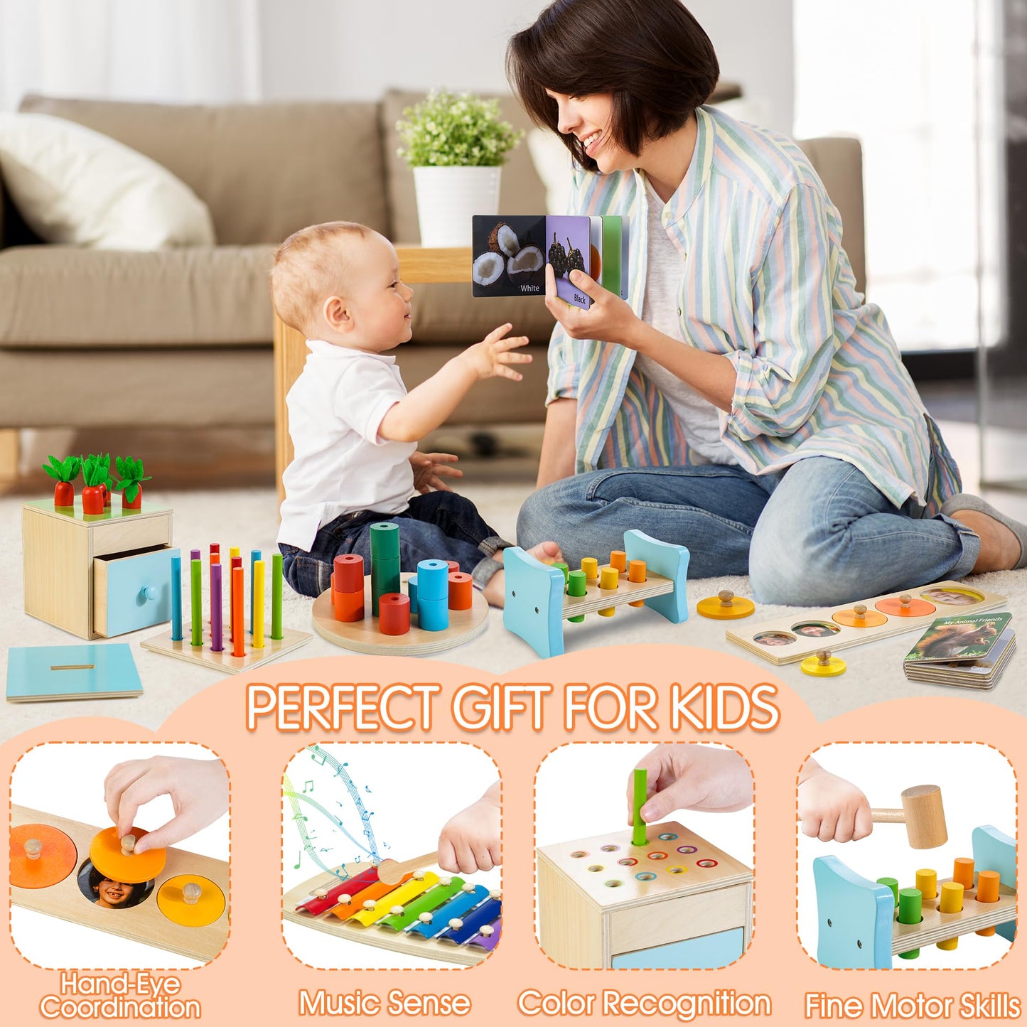 WOODMAM Wooden Montessori Toys for 1+ Year Old, 9 in 1 Learning Educational Toys for Toddler with Educational Box, Xylophone, Pound Bench, Shape Puzzle and More, Baby Toy Gift for 13-18 Months