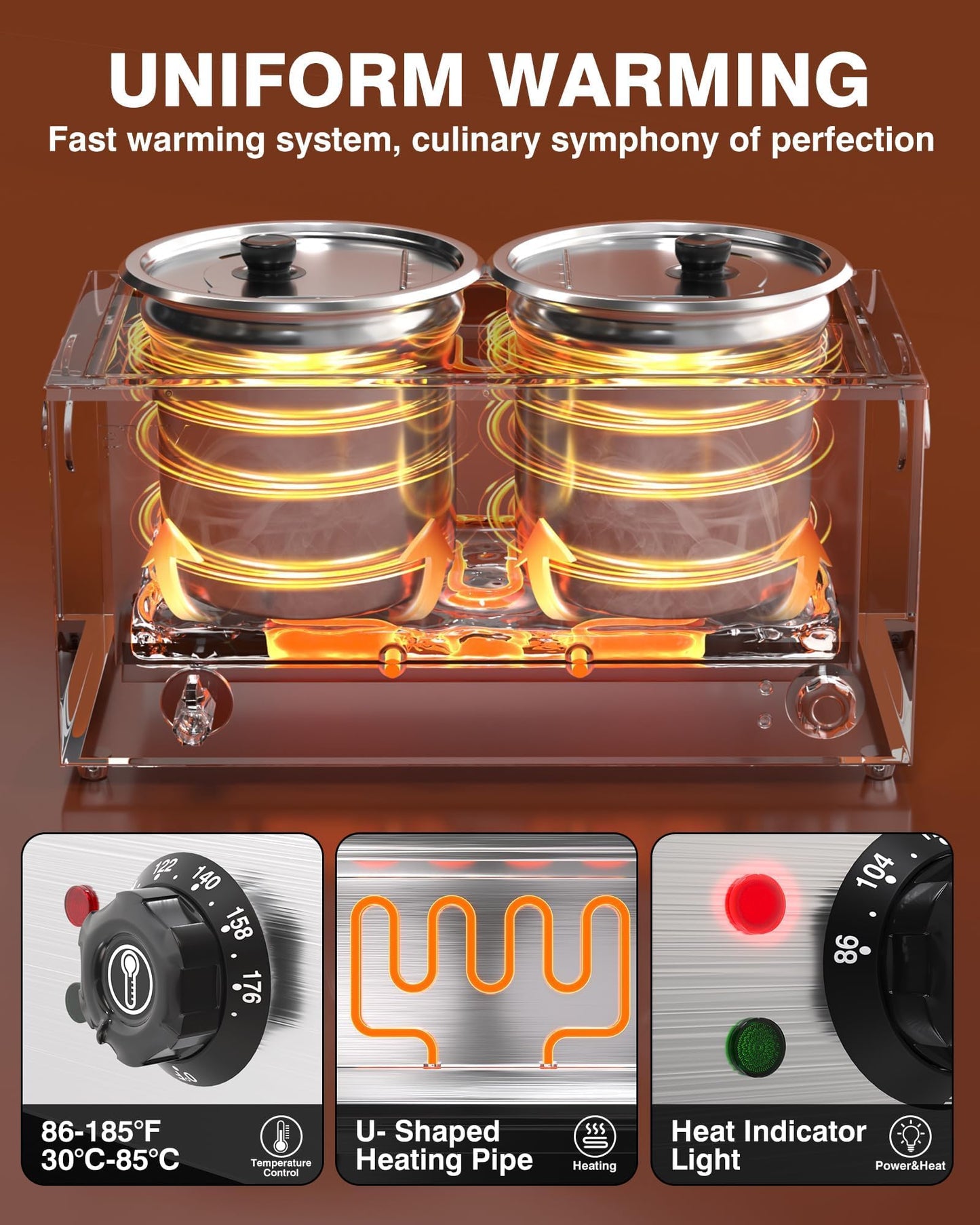 PYY Soup Warmer Commercial - Two 11.6QT Stainless Steel Bain Marie Round Pot 86~185°F Adjustable Temp, 1500W Electric Soup Warmer Countertop with Anti-Dry Burn and Reset Button for Restaurant, Buffet