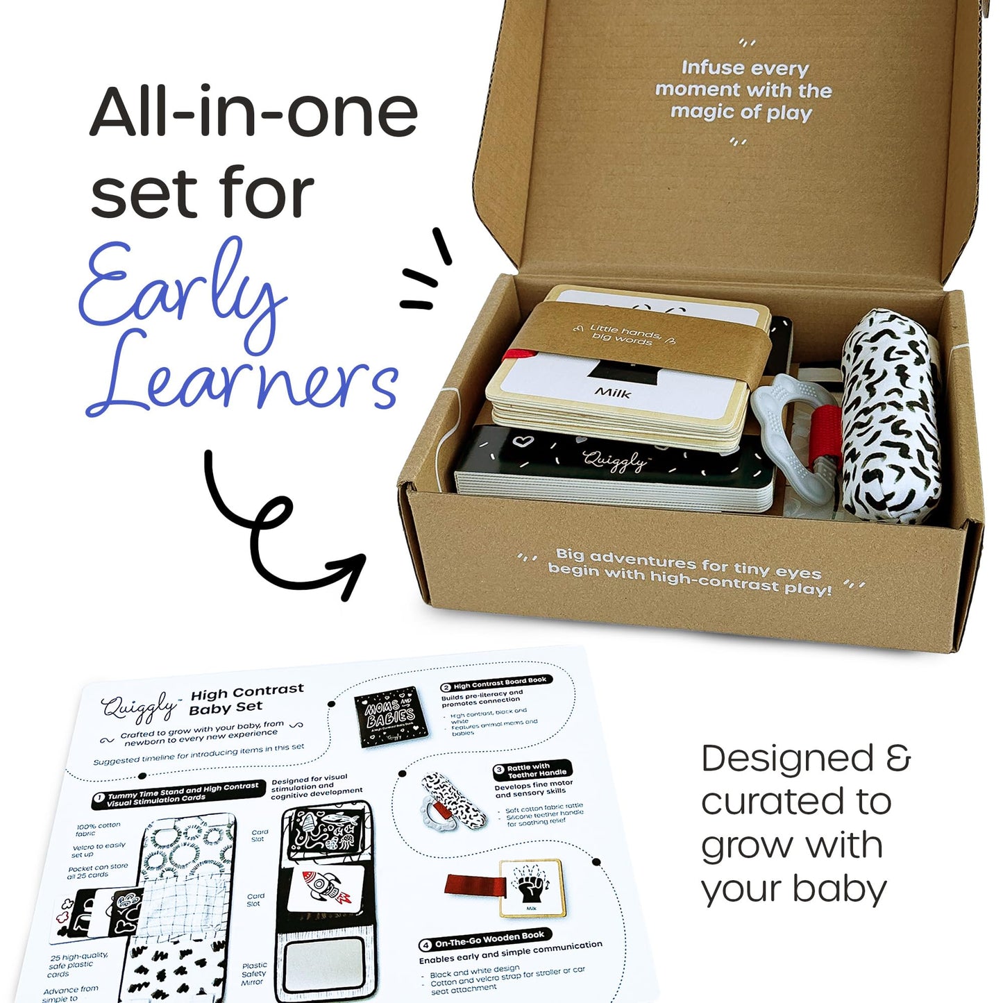 Quiggly High Contrast Baby Toy Set - Black and White Newborn Sensory Toys - Tummy Time Mirror, 25 Visual Stimulation Cards & Board Book - Infant Play Kit for Newborns 0-3 Months (Standard)