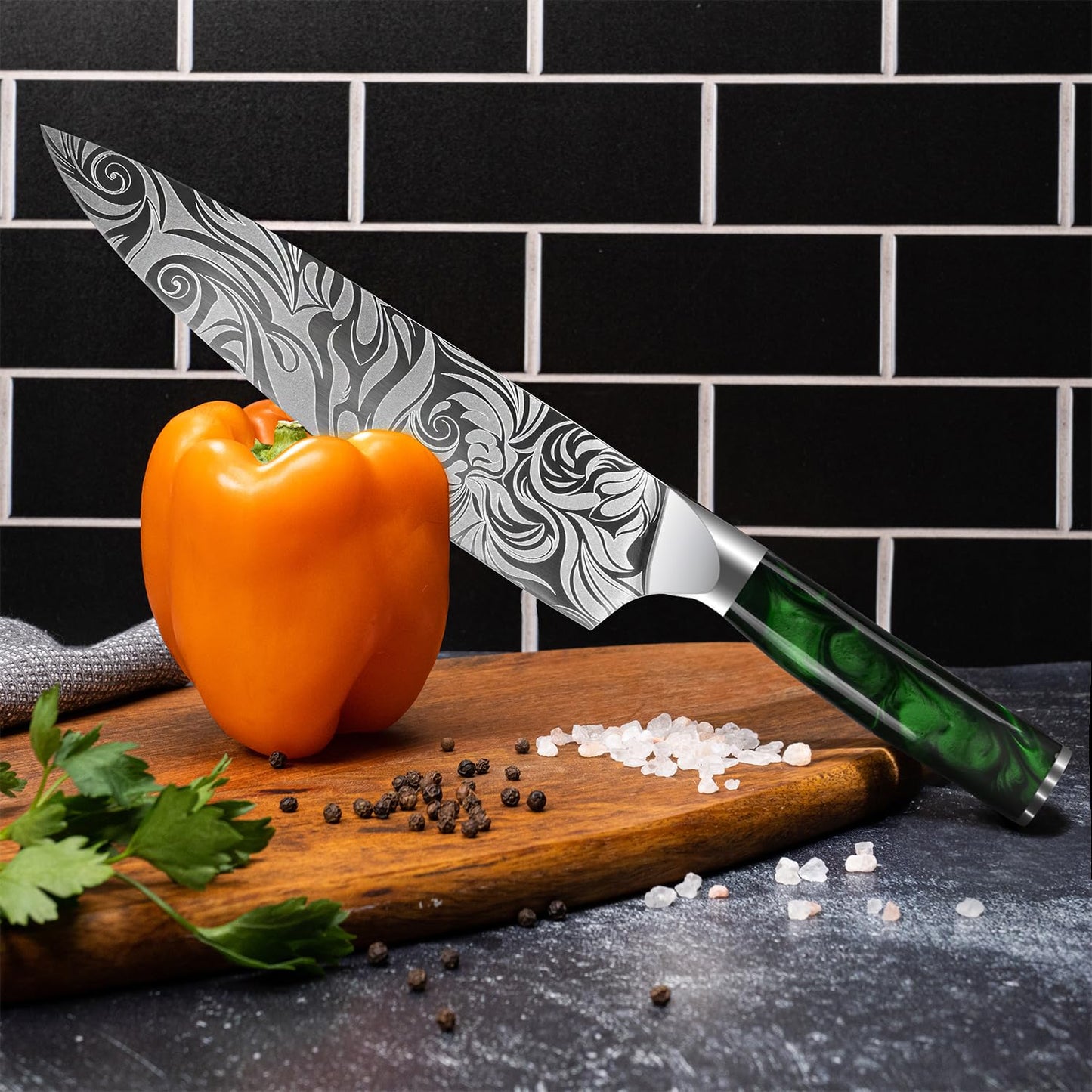 SENKEN 8-piece Engraved Japanese Kitchen Knife Set & Beautiful Green Resin Epoxy Handles - Wasabi Collection - Chef's Knife, Bread Knife, Cleaver Knife, Paring Knife, & More